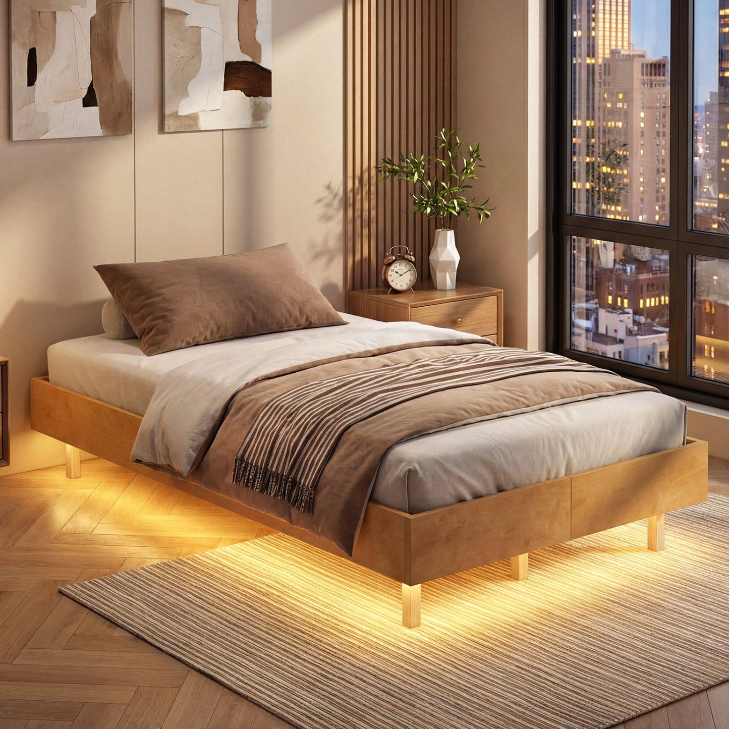 Twin/Full/Queen Size Floating Bed Frame with LED Lights for Bedroom