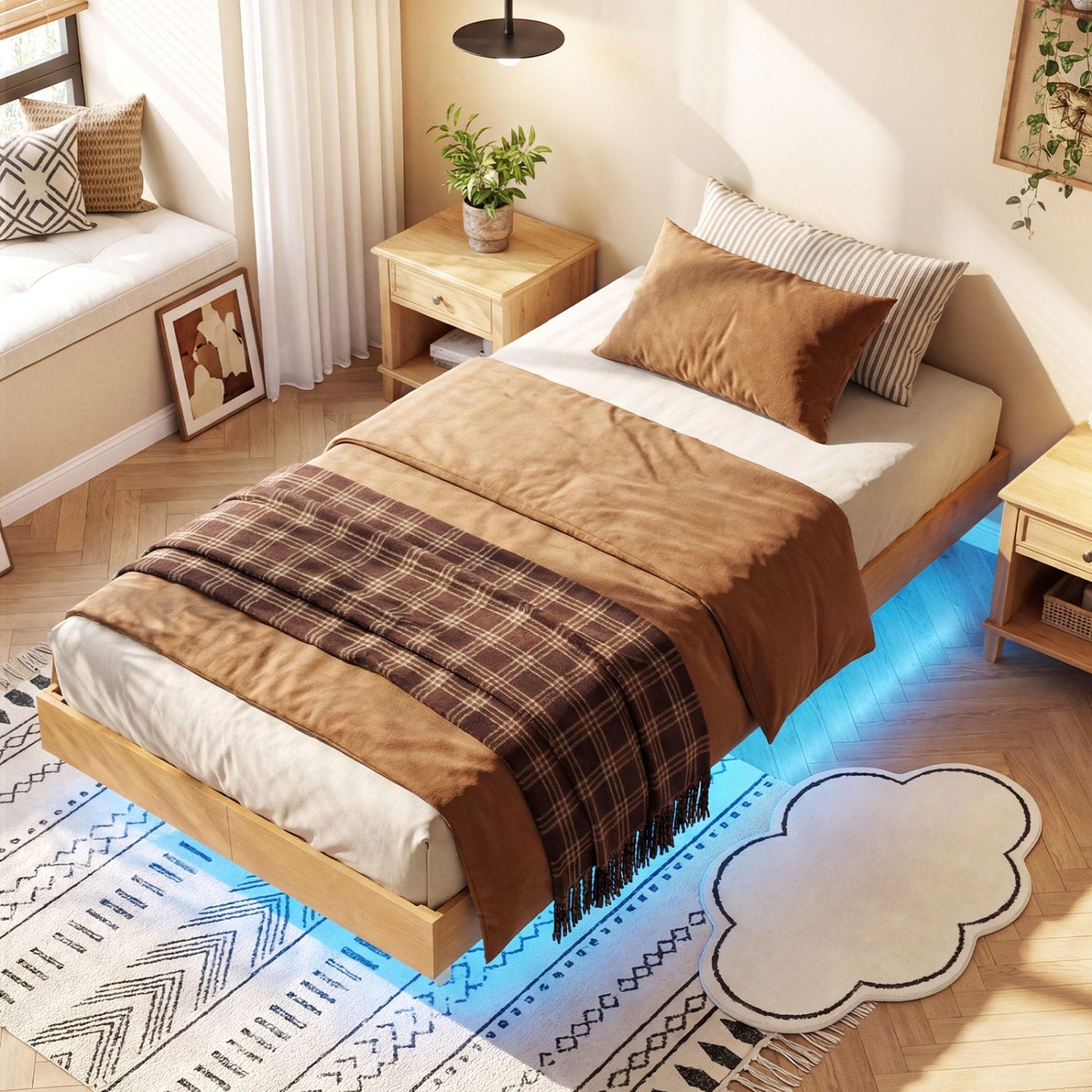 Twin/Full/Queen Size Floating Bed Frame with LED Lights for Bedroom