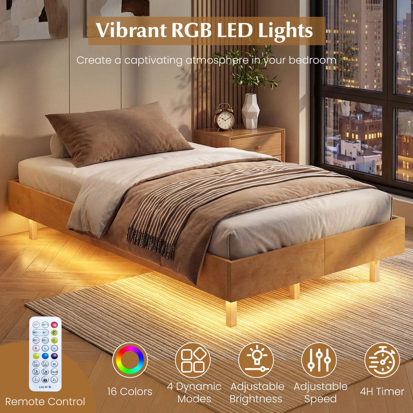 Twin/Full/Queen Size Floating Bed Frame with LED Lights for Bedroom