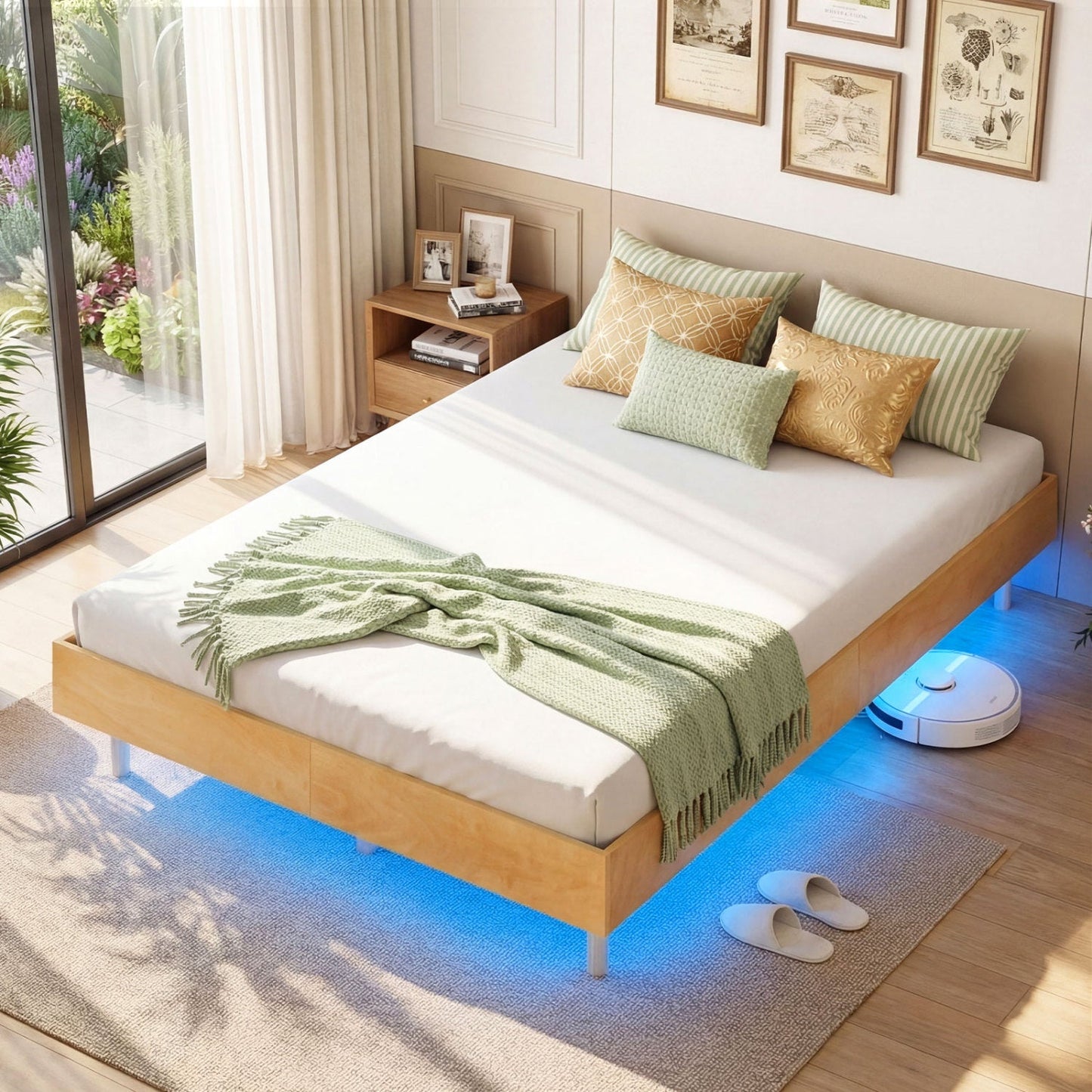 Twin/Full/Queen Size Floating Bed Frame with LED Lights for Bedroom