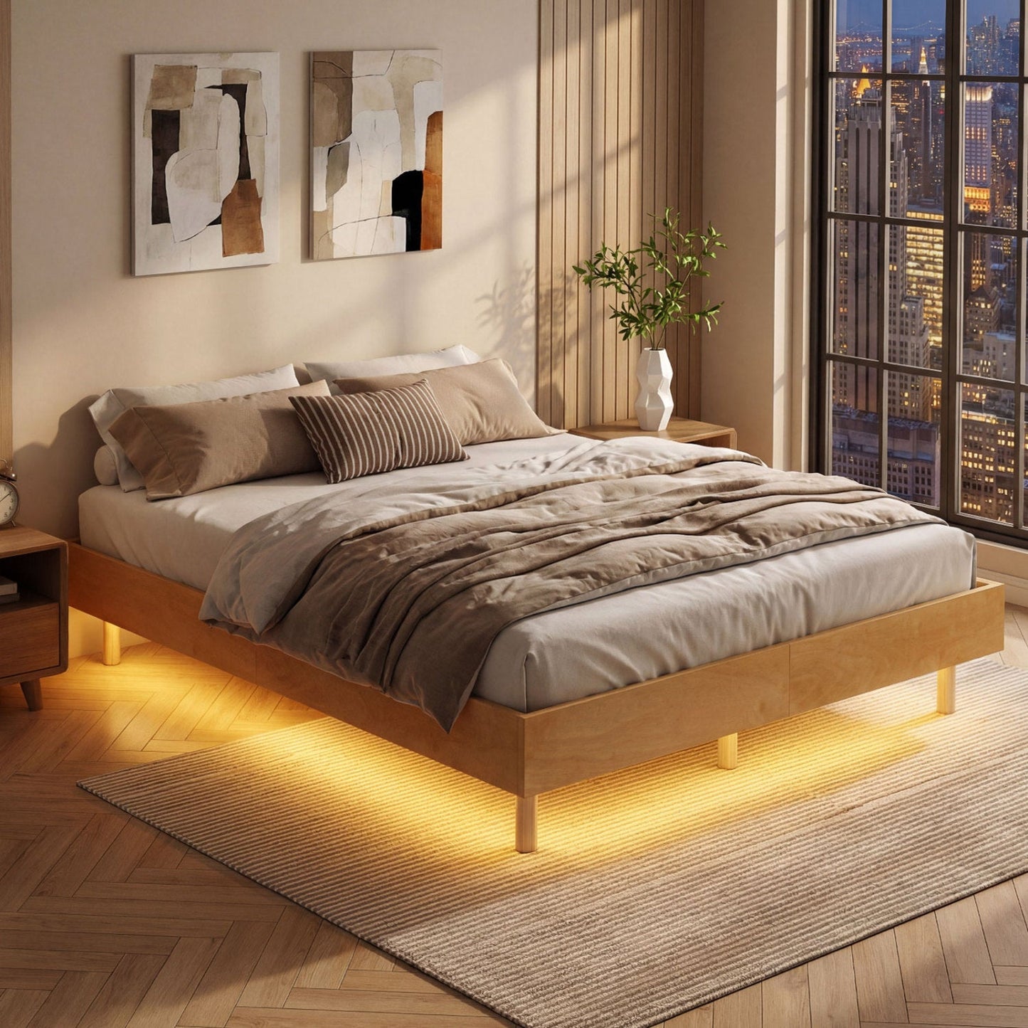 Twin/Full/Queen Size Floating Bed Frame with LED Lights for Bedroom