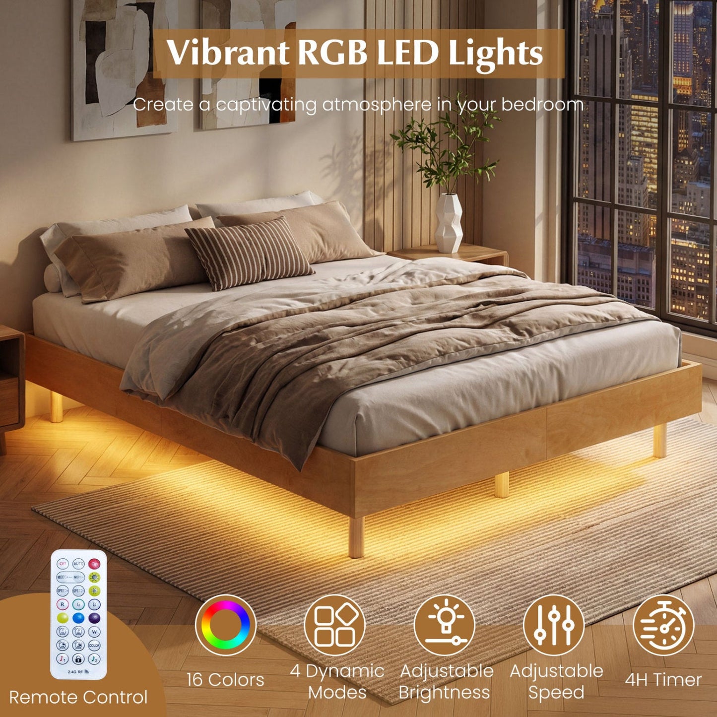 Twin/Full/Queen Size Floating Bed Frame with LED Lights for Bedroom