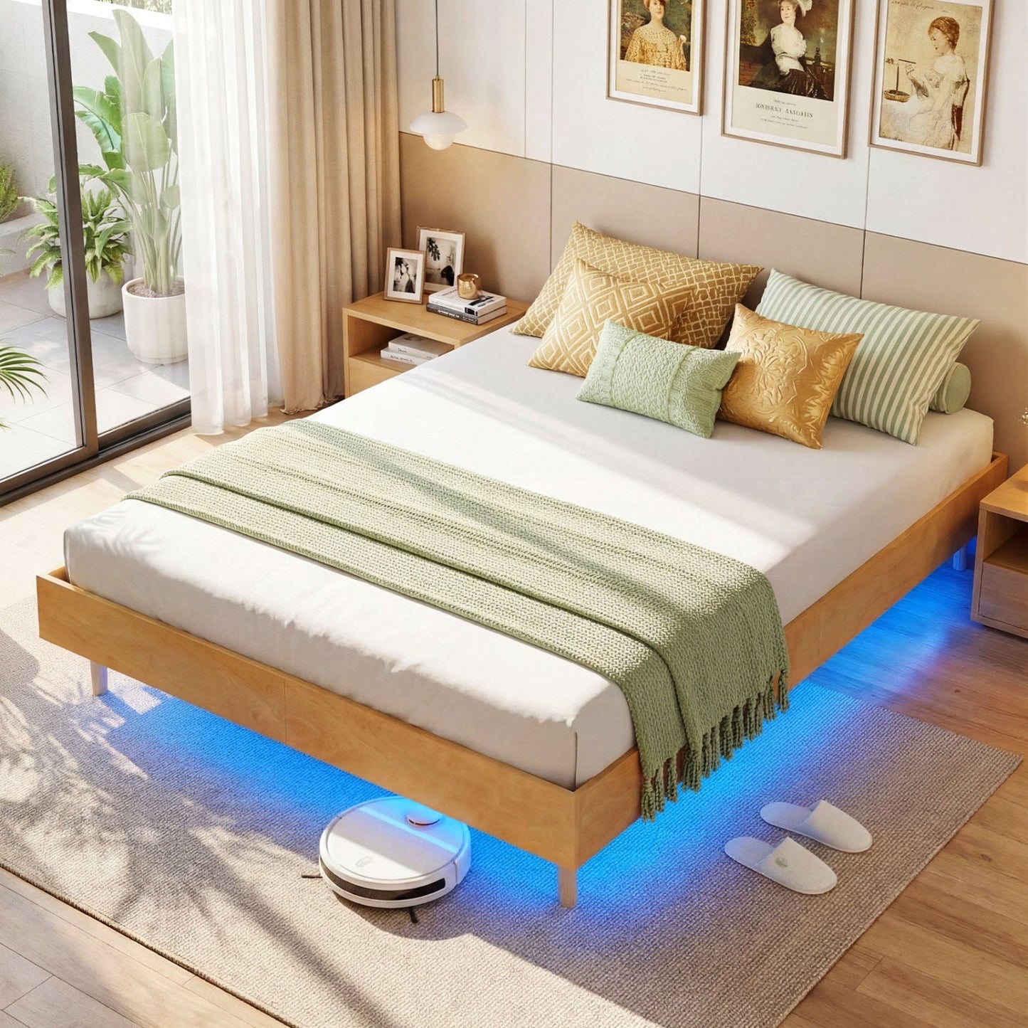 Twin/Full/Queen Size Floating Bed Frame with LED Lights for Bedroom