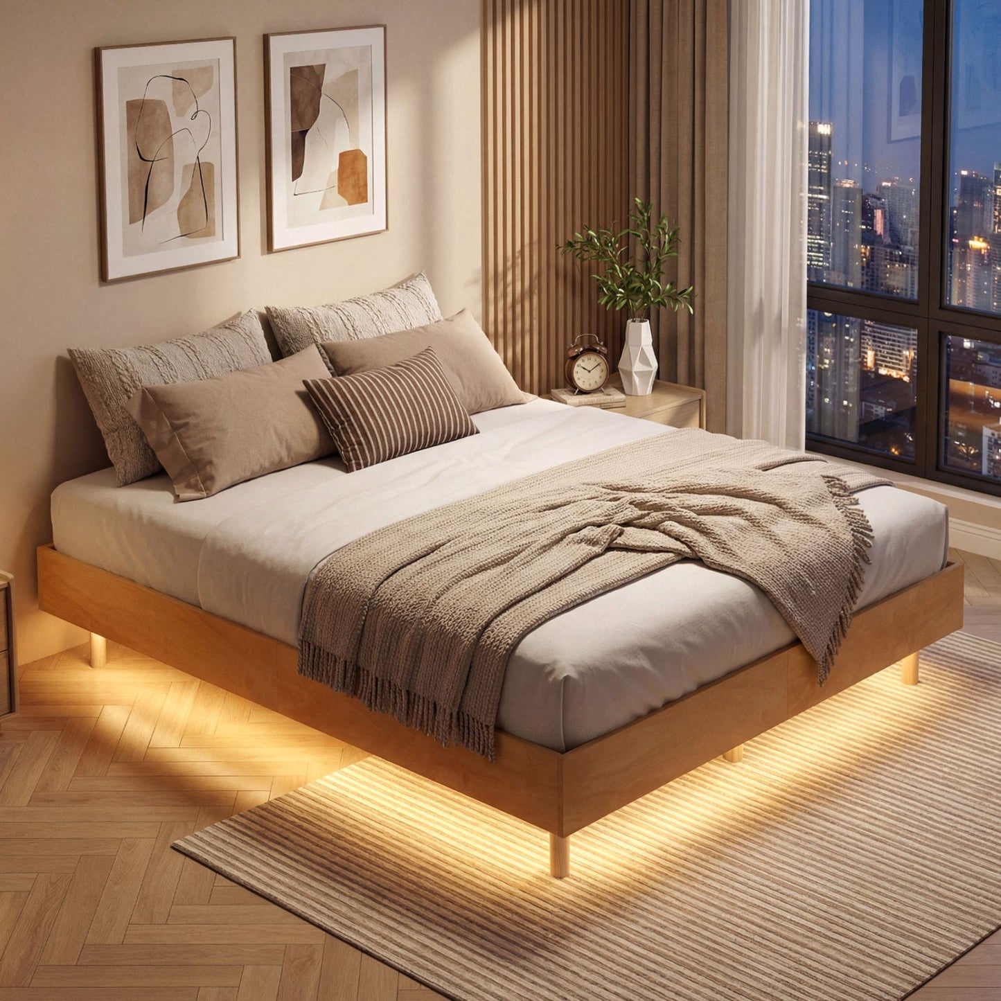 Twin/Full/Queen Size Floating Bed Frame with LED Lights for Bedroom
