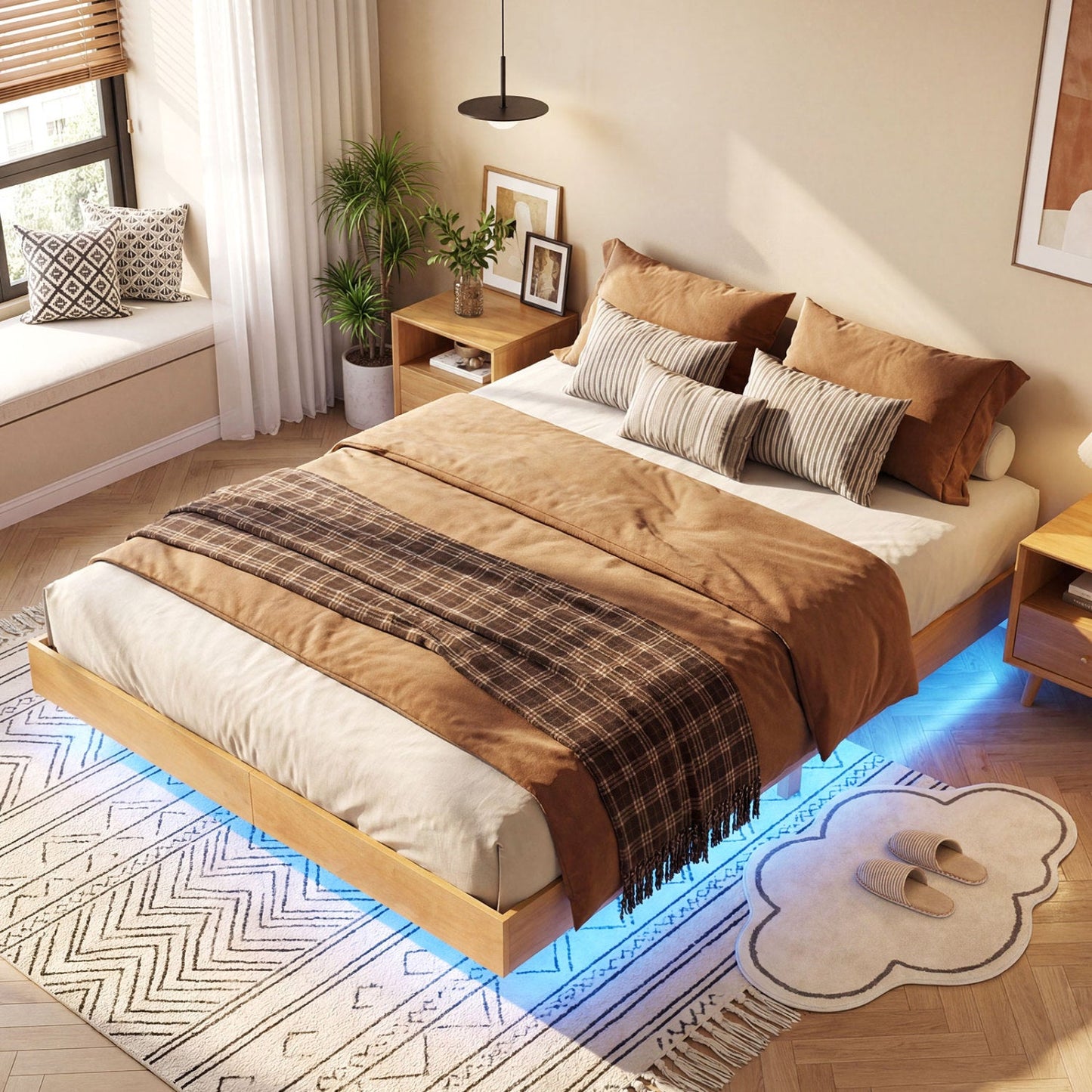 Twin/Full/Queen Size Floating Bed Frame with LED Lights for Bedroom