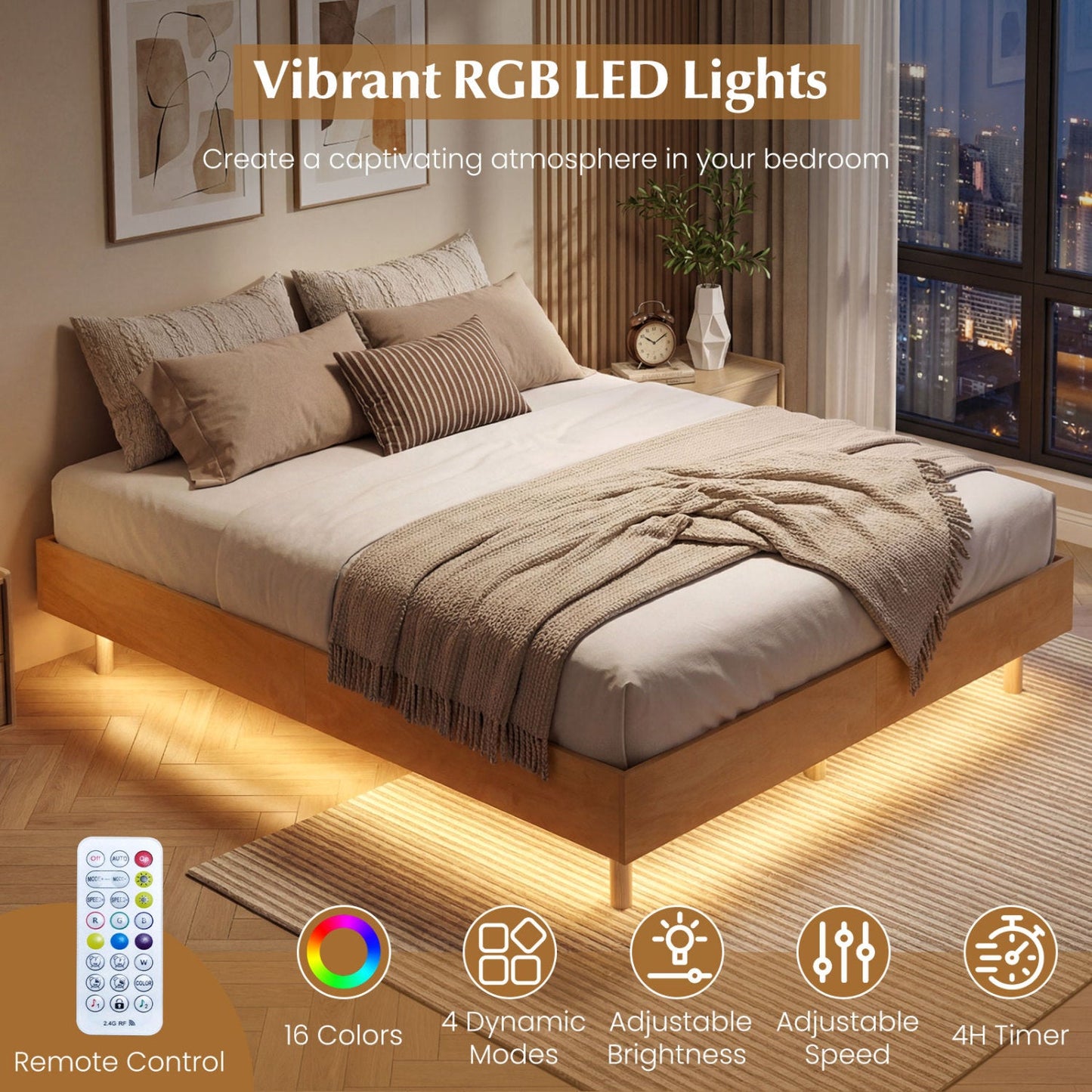 Twin/Full/Queen Size Floating Bed Frame with LED Lights for Bedroom