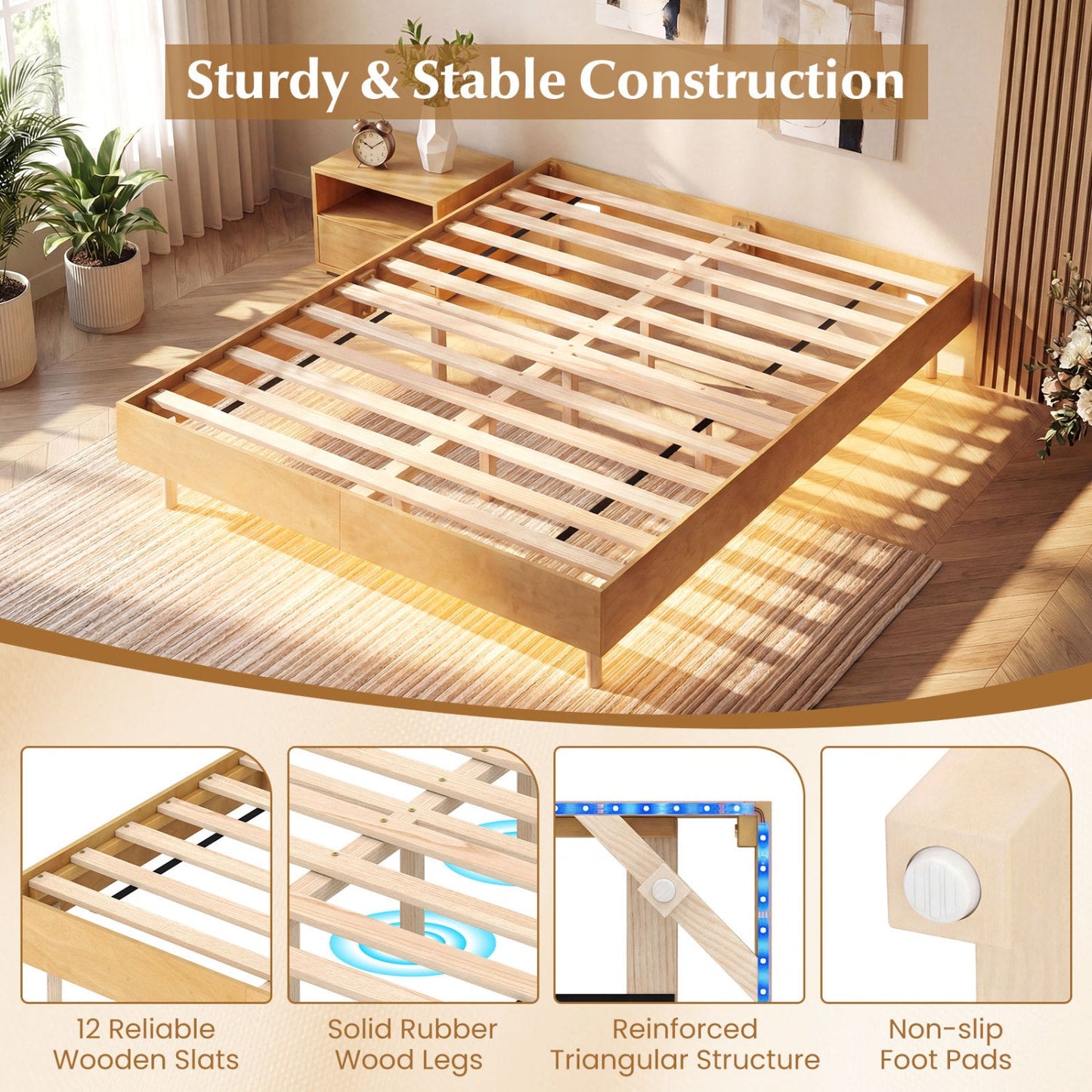 Twin/Full/Queen Size Floating Bed Frame with LED Lights for Bedroom