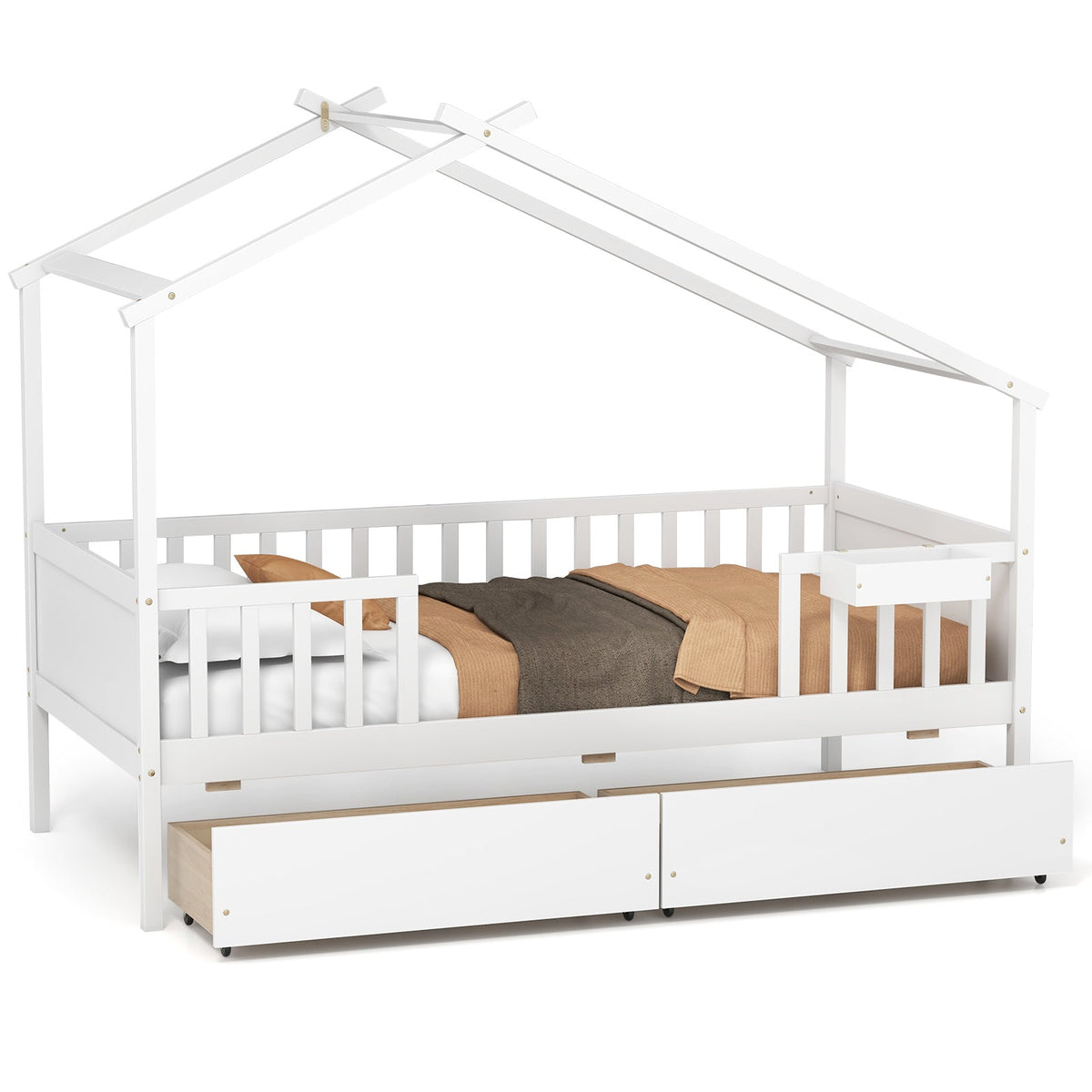 Twin House Bed with 2 Storage Drawers and Roof & Fence Rails