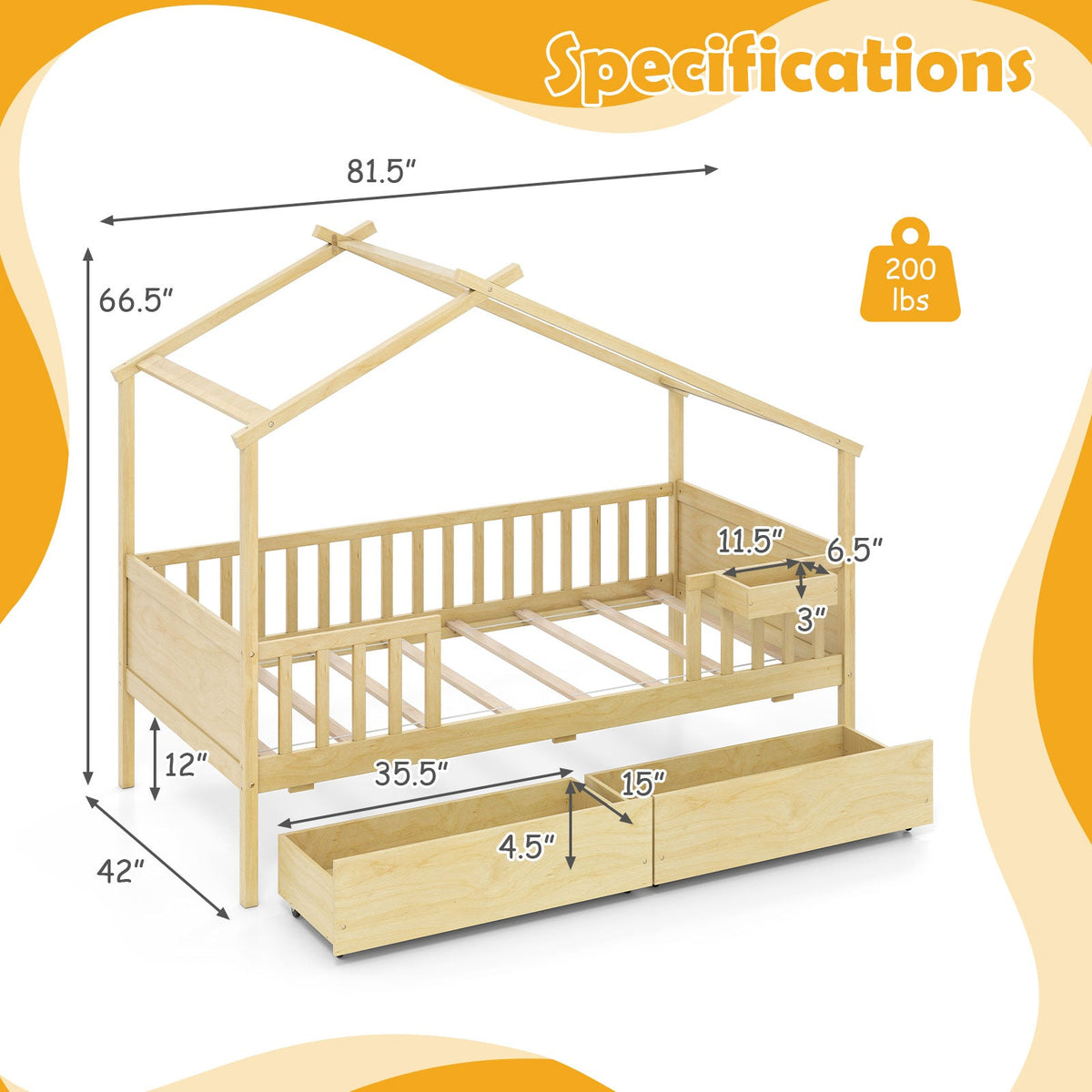 Twin House Bed with 2 Storage Drawers and Roof & Fence Rails