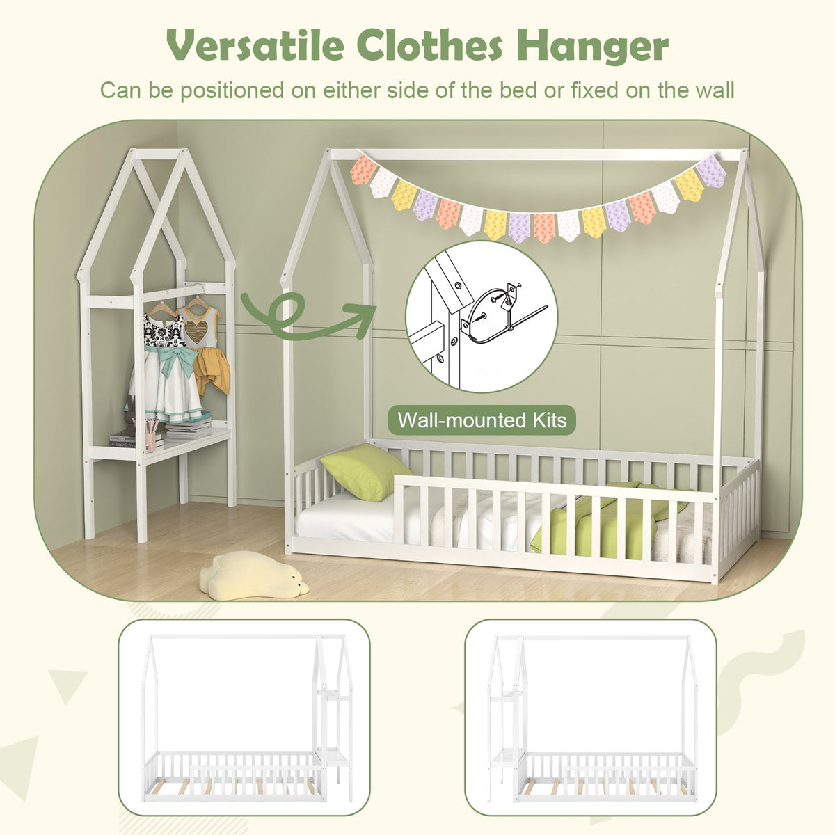 Twin House Floor Bed Montessori Bed Frame with Storage Shelf-White