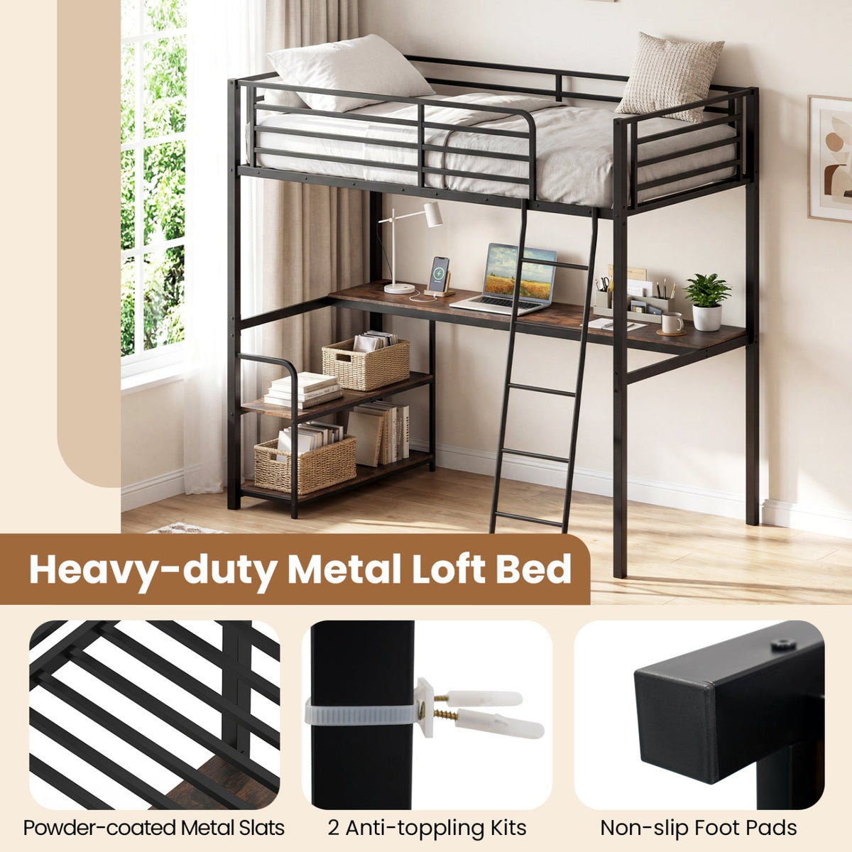 Twin Loft Bed with Desk and Shelves for Kids and Adults