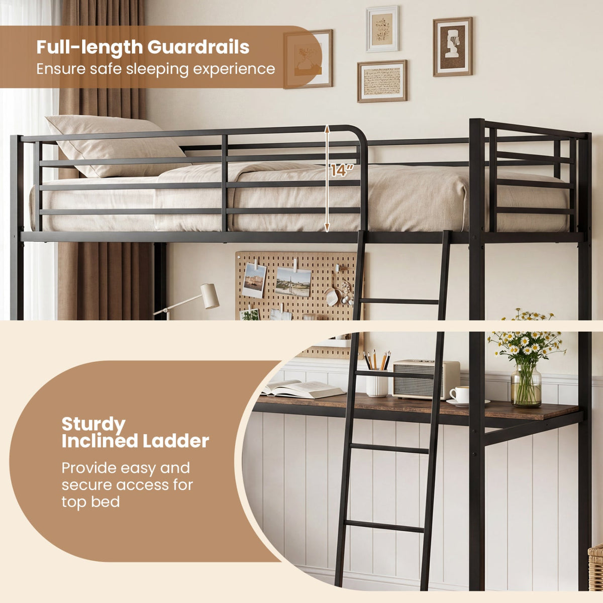 Twin Loft Bed with Desk and Shelves for Kids and Adults