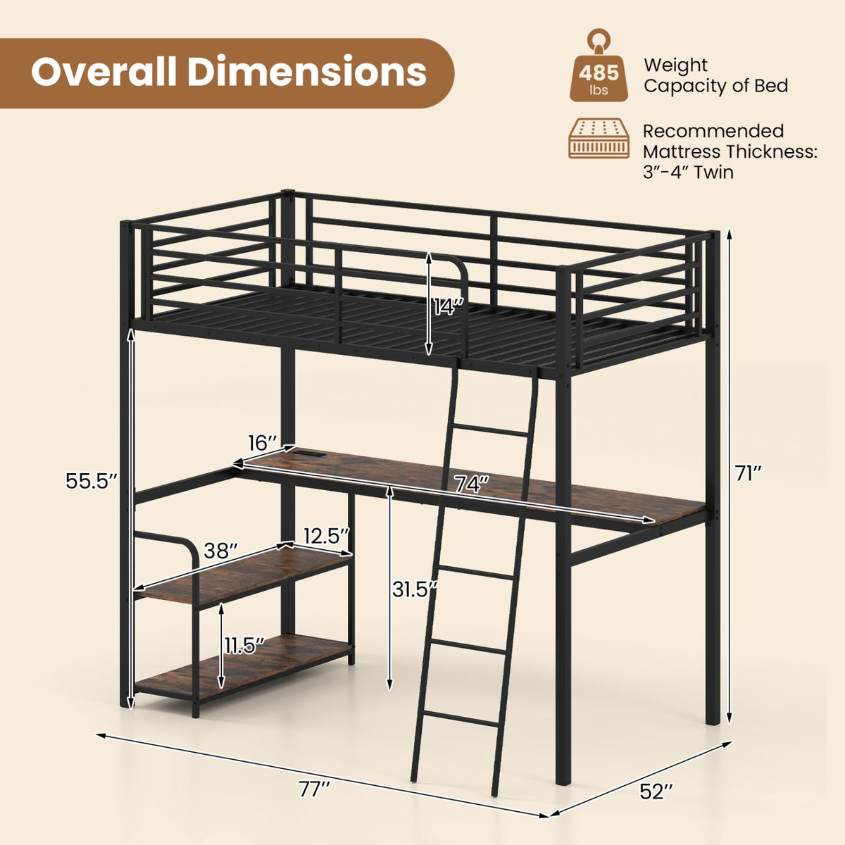 Twin Loft Bed with Desk and Shelves for Kids and Adults