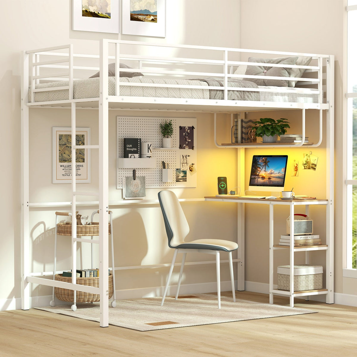 Twin Loft Bed with Desk LED Lights Charging Station Heavy-duty Metal Bed Frame with Guardrail