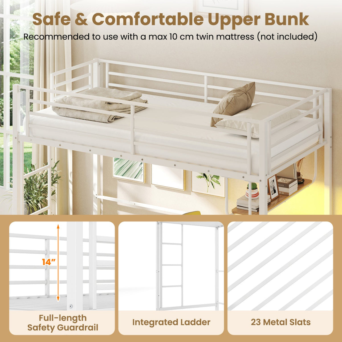 Twin Loft Bed with Desk LED Lights Charging Station Heavy-duty Metal Bed Frame with Guardrail