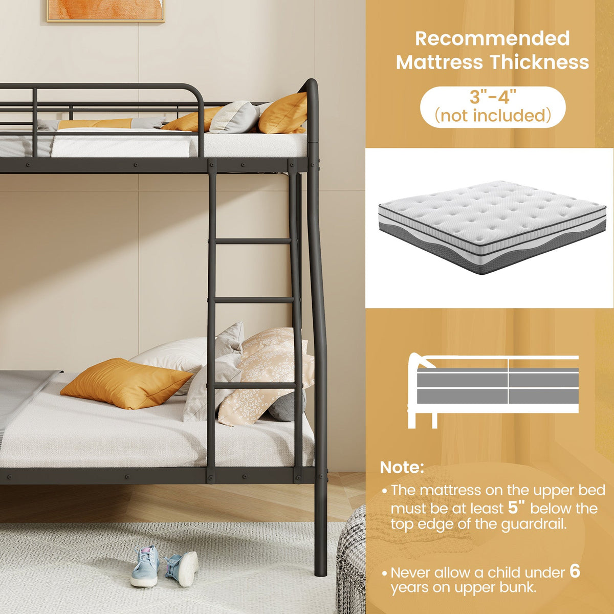 Twin Over Full Bunk Bed with Ladder and Full-length Guardrails