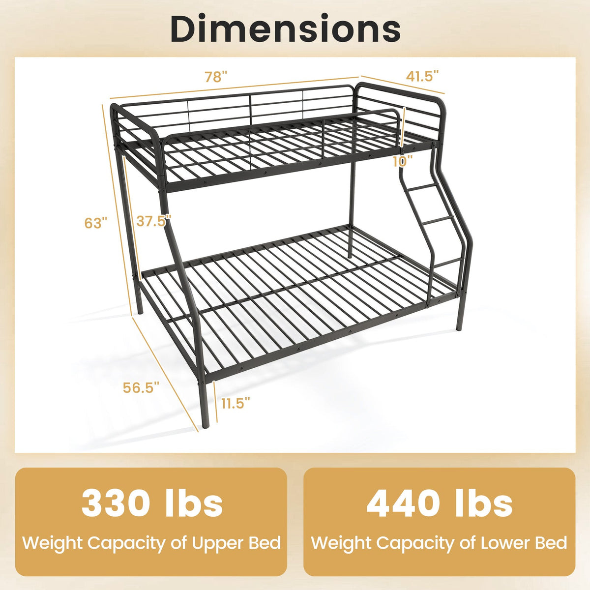 Twin Over Full Bunk Bed with Ladder and Full-length Guardrails