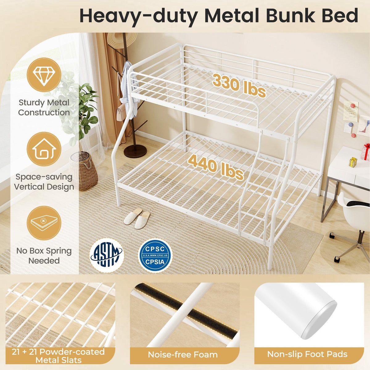 Twin Over Full Bunk Bed with Ladder and Full-length Guardrails