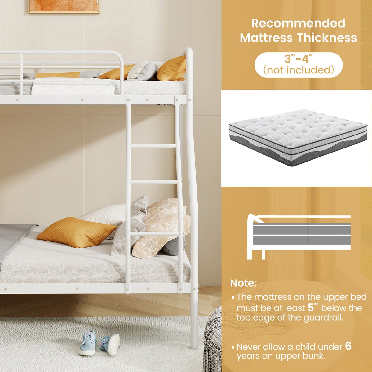 Twin Over Full Bunk Bed with Ladder and Full-length Guardrails