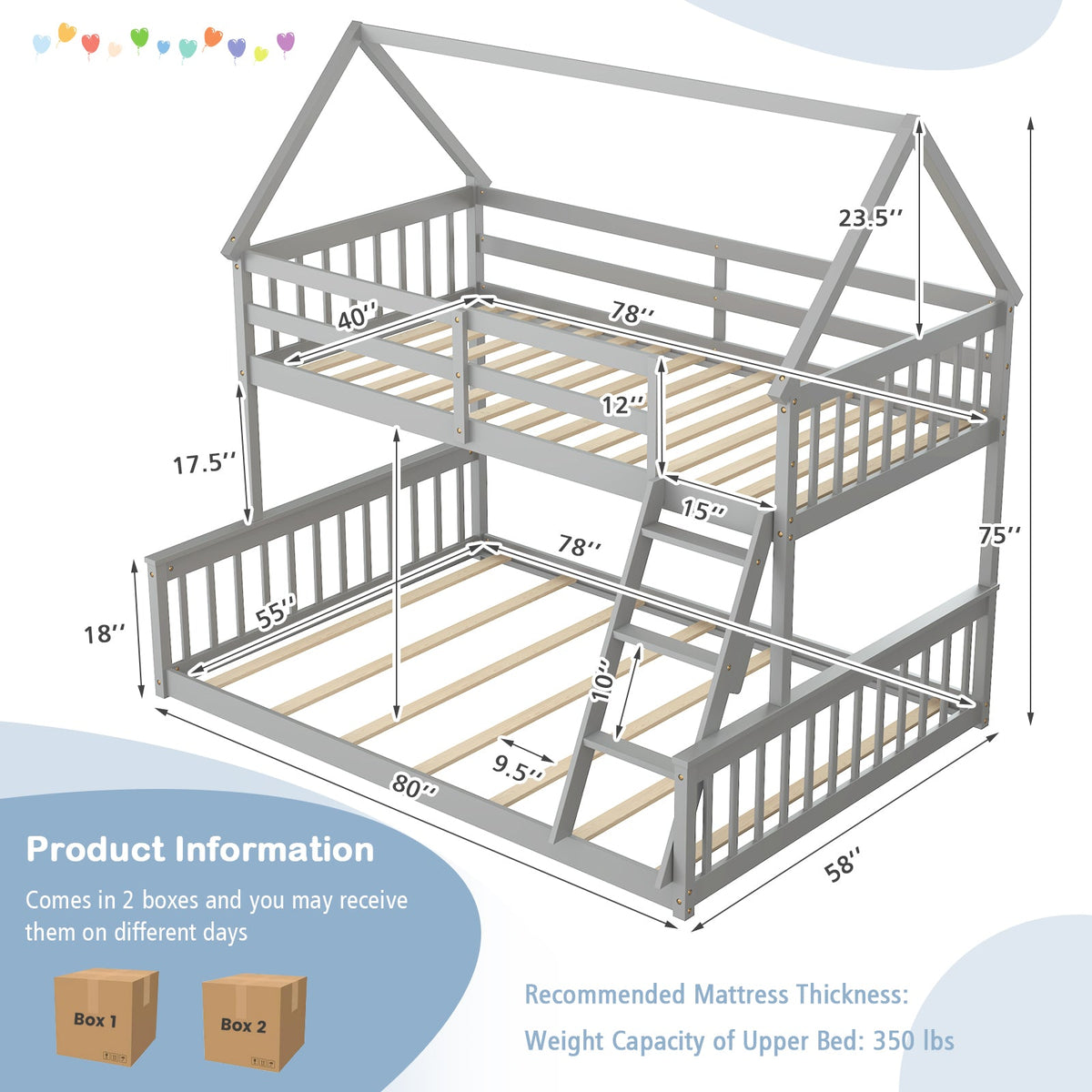 Twin Over Full House Bunk Bed with Ladder and Guardrails