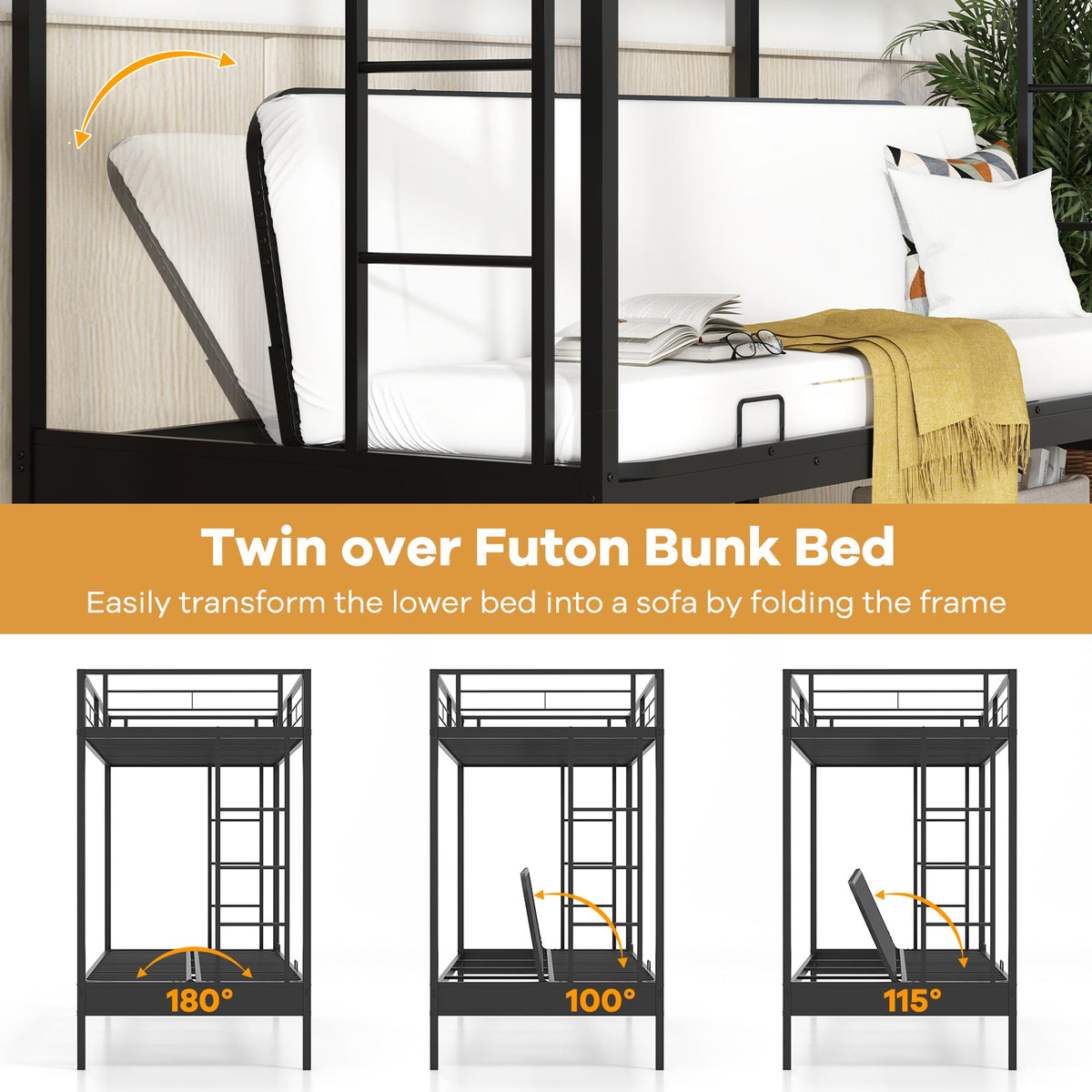 Twin Over Futon Bunk Bed with 2 Ladders and Safety Guardrails-Black