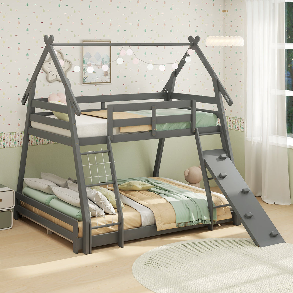 Twin Over Queen Bunk Bed Wooden Kids Bed with Climbing Nets and Ramp