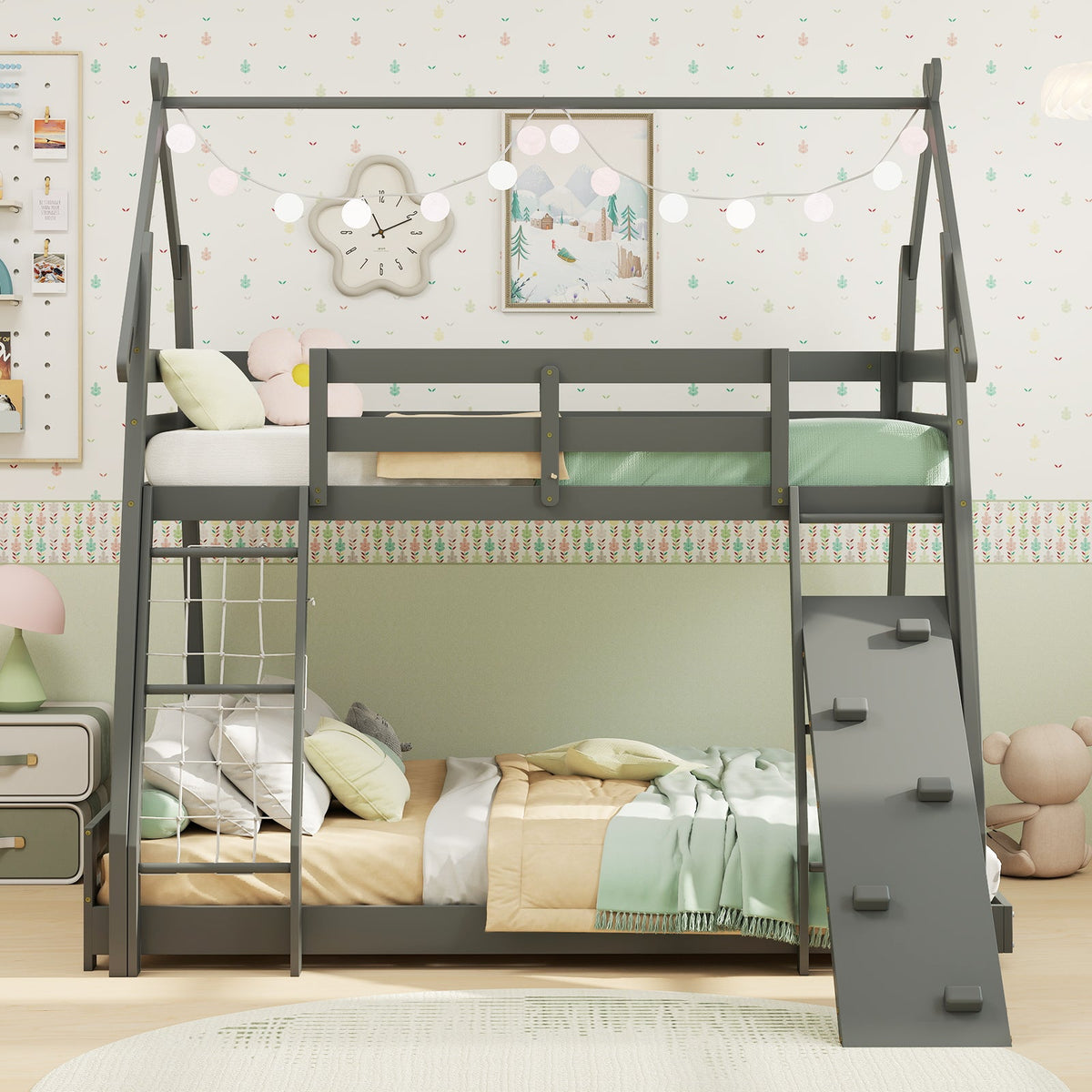 Twin Over Queen Bunk Bed Wooden Kids Bed with Climbing Nets and Ramp