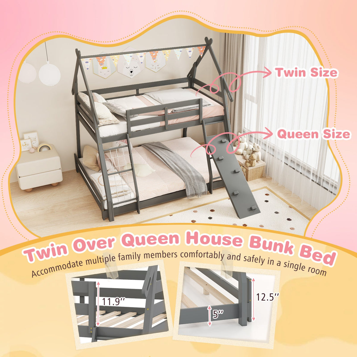 Twin Over Queen Bunk Bed Wooden Kids Bed with Climbing Nets and Ramp