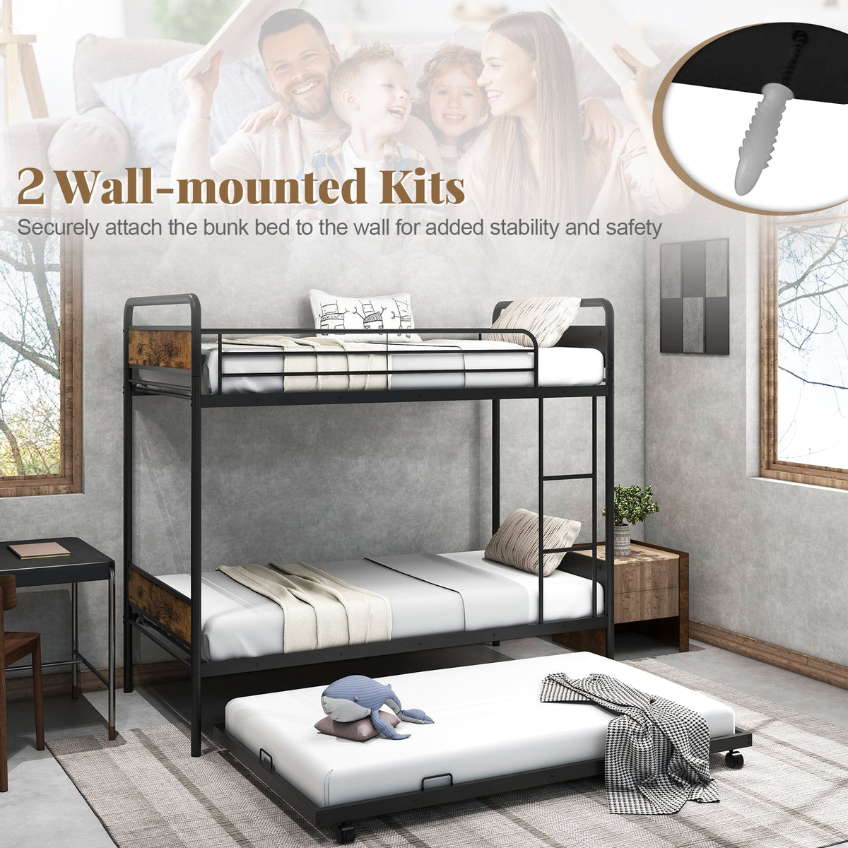 Twin Over Twin Bunk Bed with Trundle with Ladder and Full-length Guardrails-Black