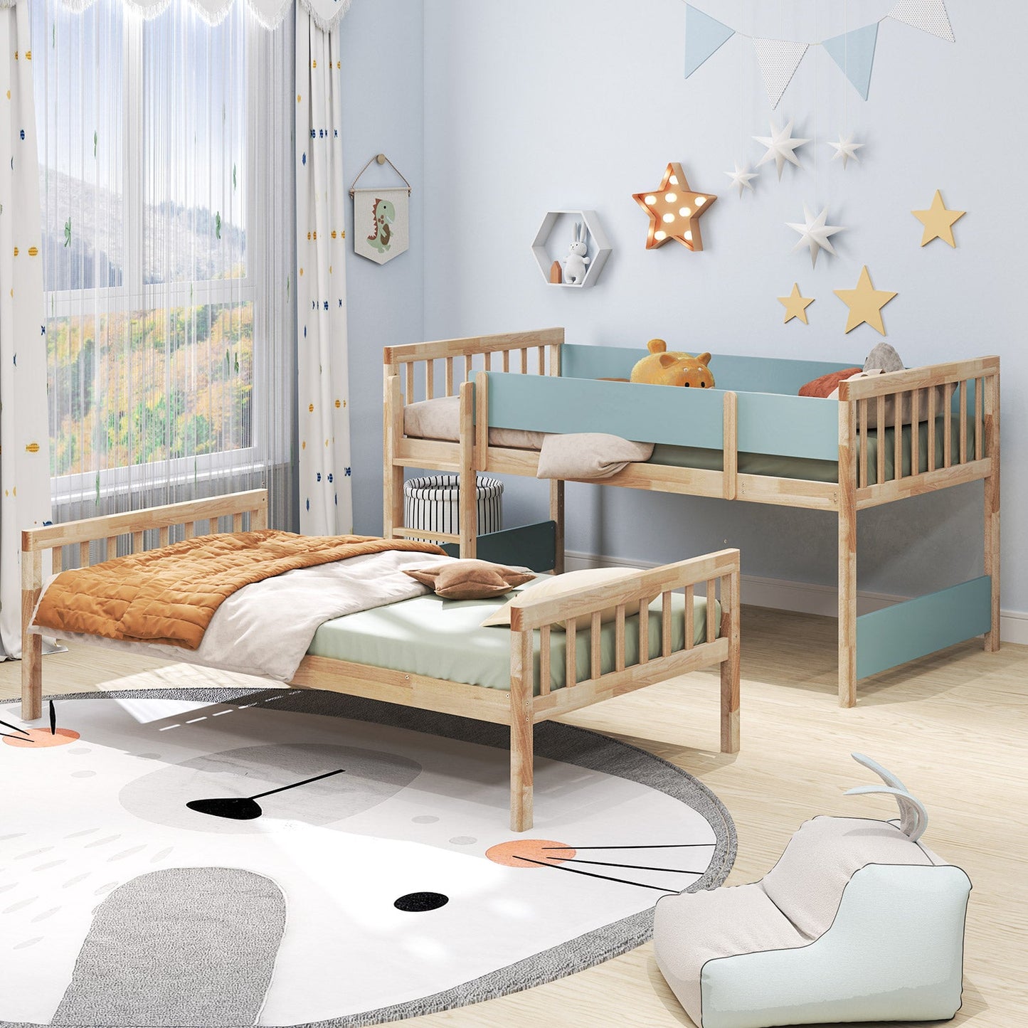 Twin Over Twin Bunk Bed with Ladder and Full-length Guardrails