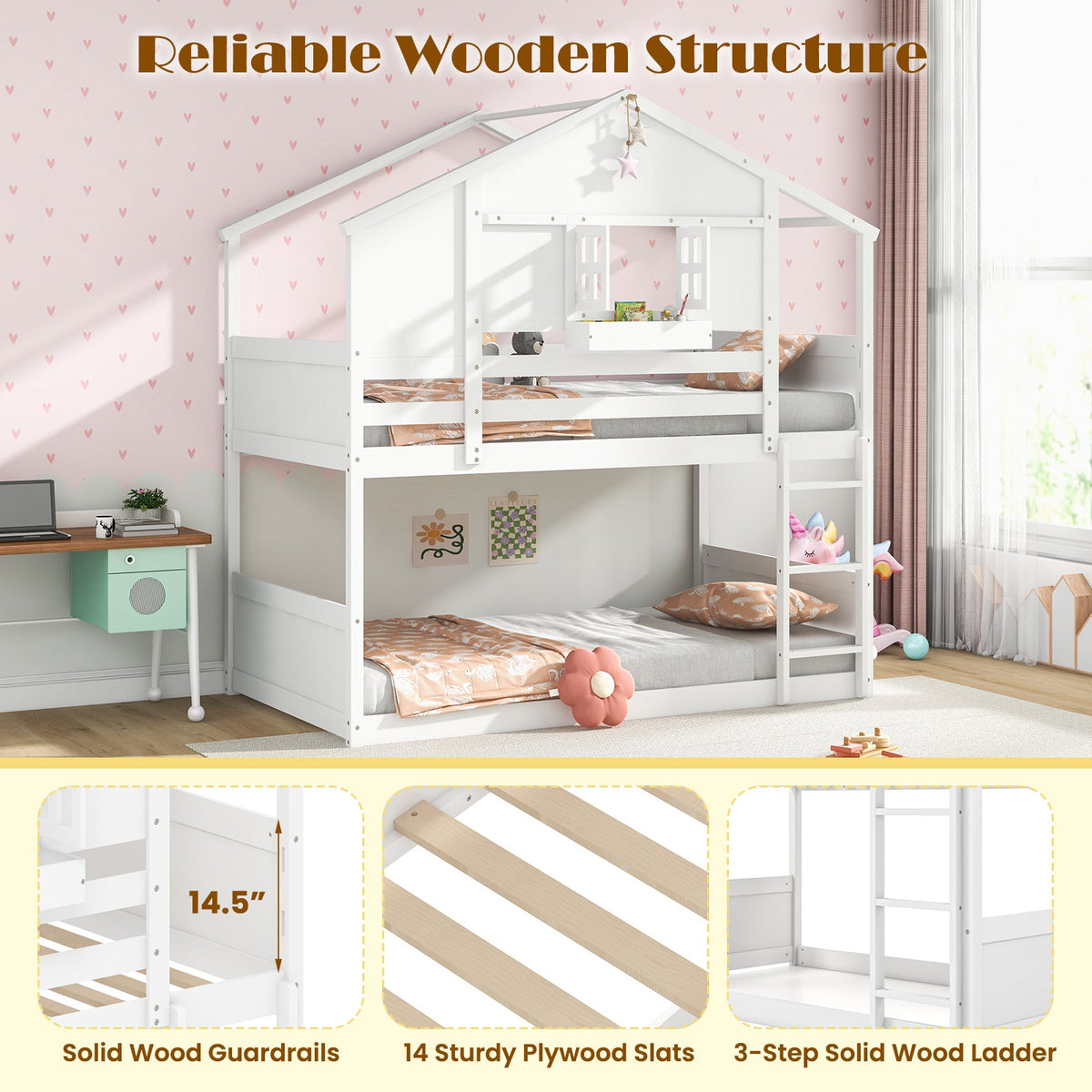 Twin Over Twin Bunk Bed for Kids with Roof and Lockable Window-White