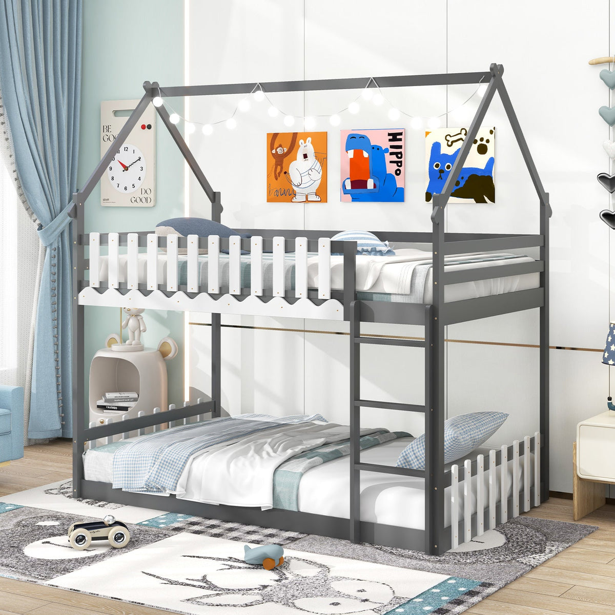 Twin Over Twin Bunk Bed with Fence and Ladder for Kids