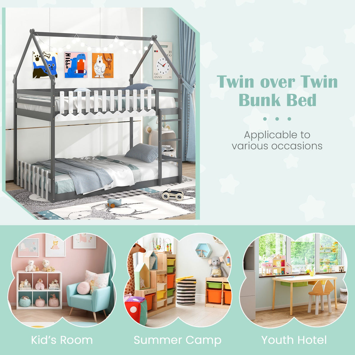 Twin Over Twin Bunk Bed with Fence and Ladder for Kids