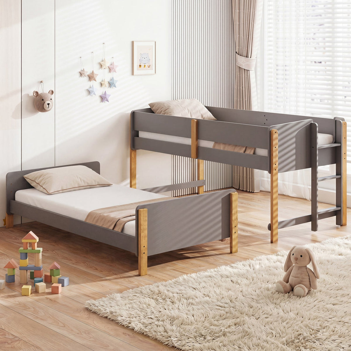 Twin Over Twin Bunk Bed with Convertible Design and Ladder