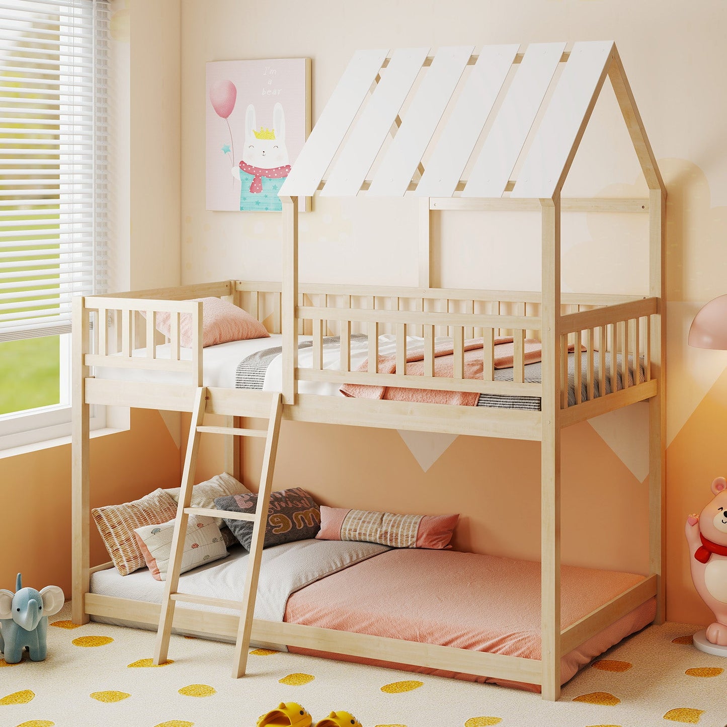 Twin Over Twin House Bunk Bed with Roof and Full-length Guardrails for Kids Teens Boys Girls