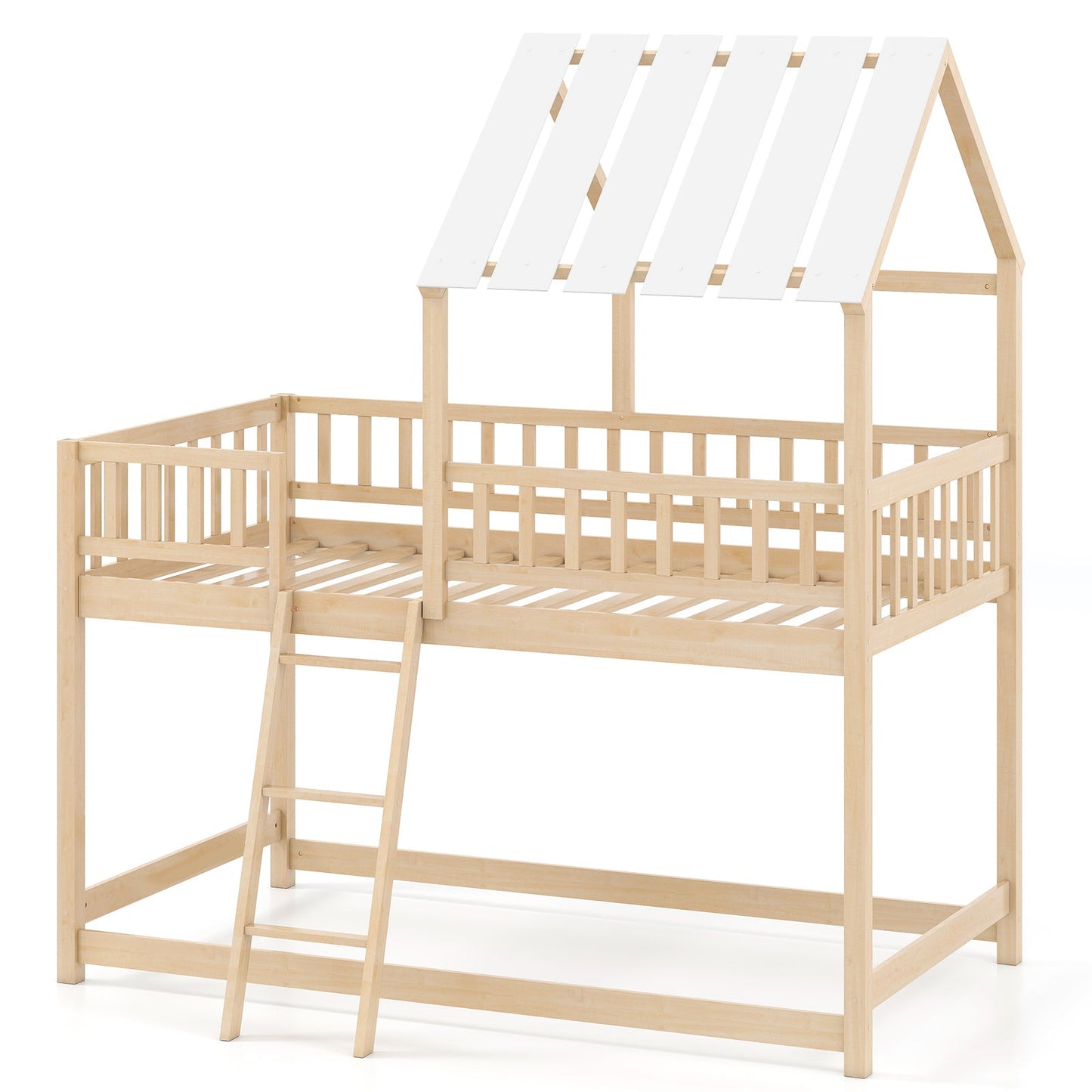 Twin Over Twin House Bunk Bed with Roof and Full-length Guardrails for Kids Teens Boys Girls