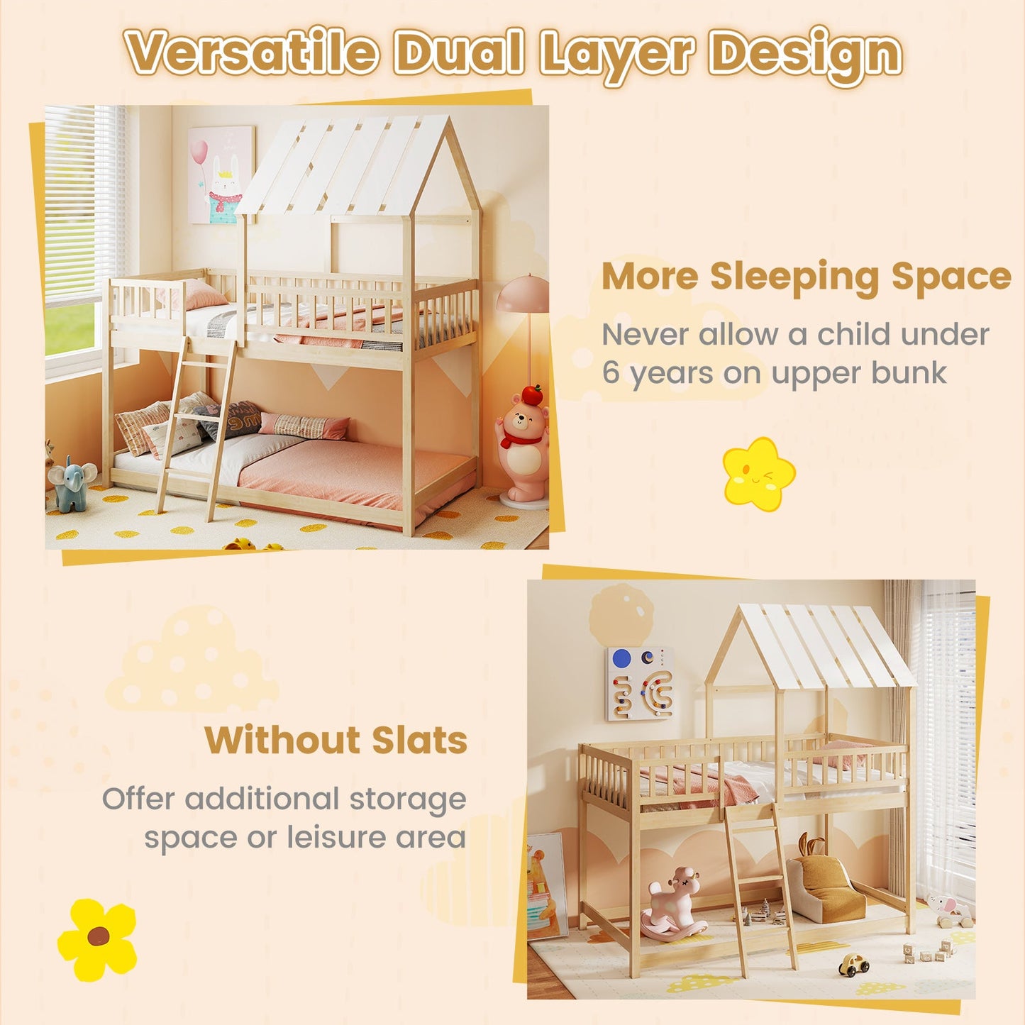 Twin Over Twin House Bunk Bed with Roof and Full-length Guardrails for Kids Teens Boys Girls