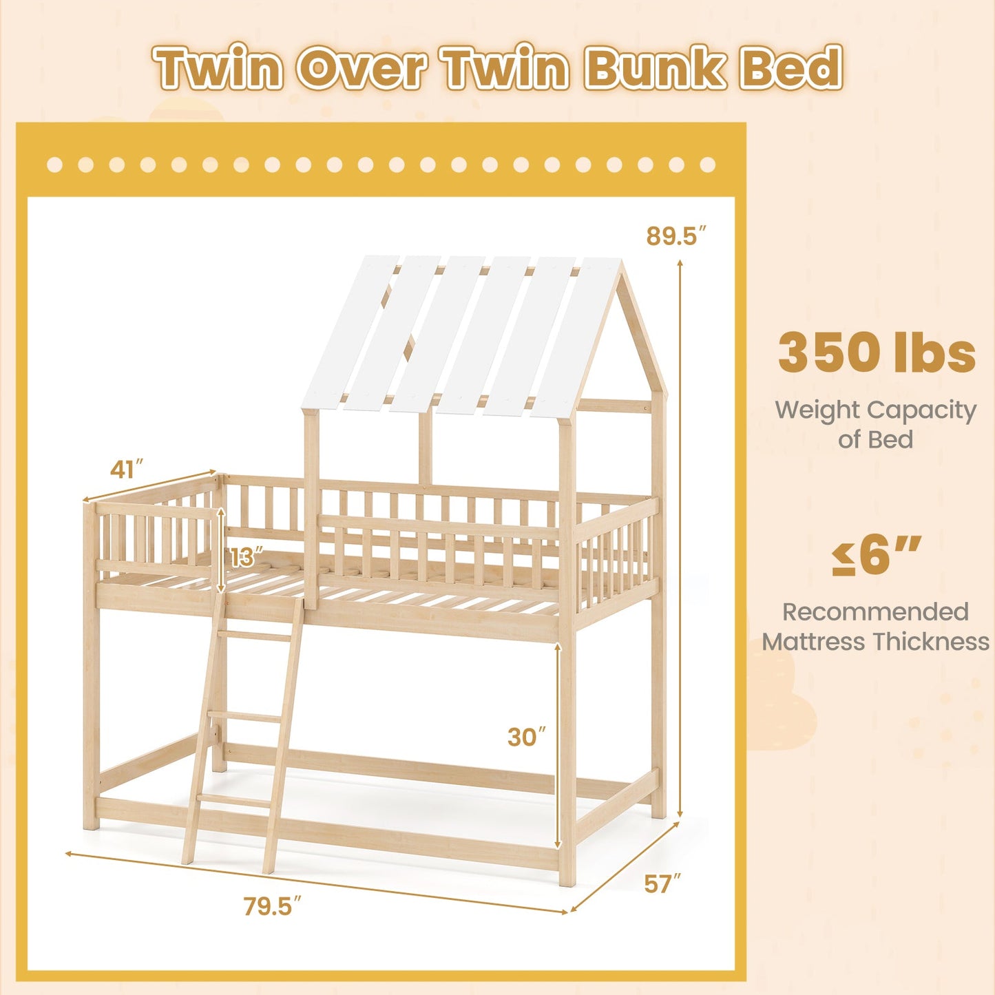 Twin Over Twin House Bunk Bed with Roof and Full-length Guardrails for Kids Teens Boys Girls