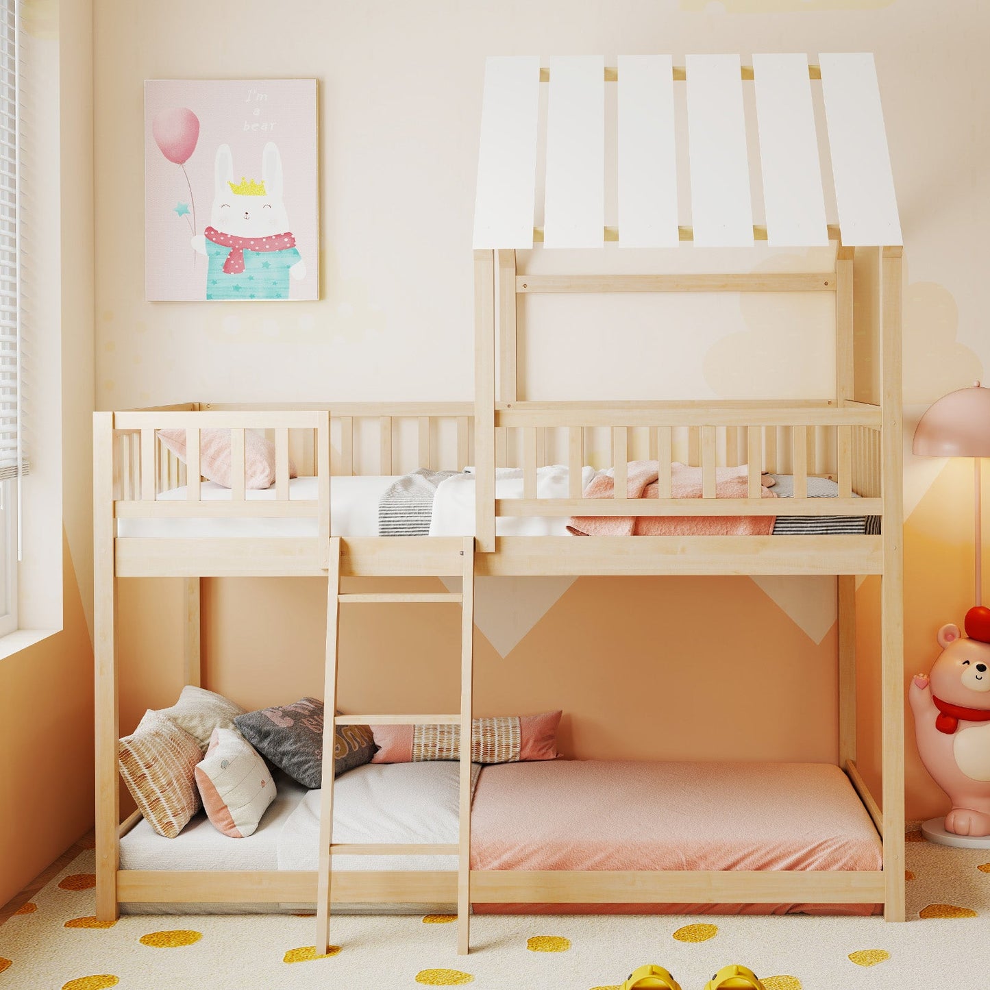 Twin Over Twin House Bunk Bed with Roof and Full-length Guardrails for Kids Teens Boys Girls