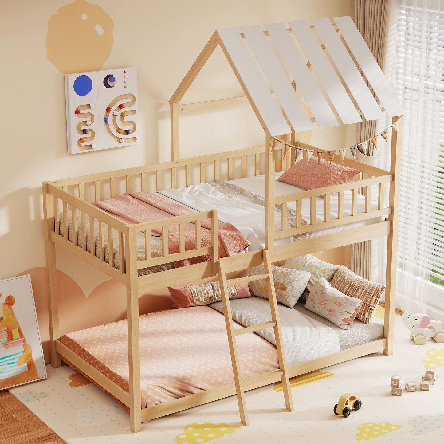 Twin Over Twin House Bunk Bed with Roof and Full-length Guardrails for Kids Teens Boys Girls