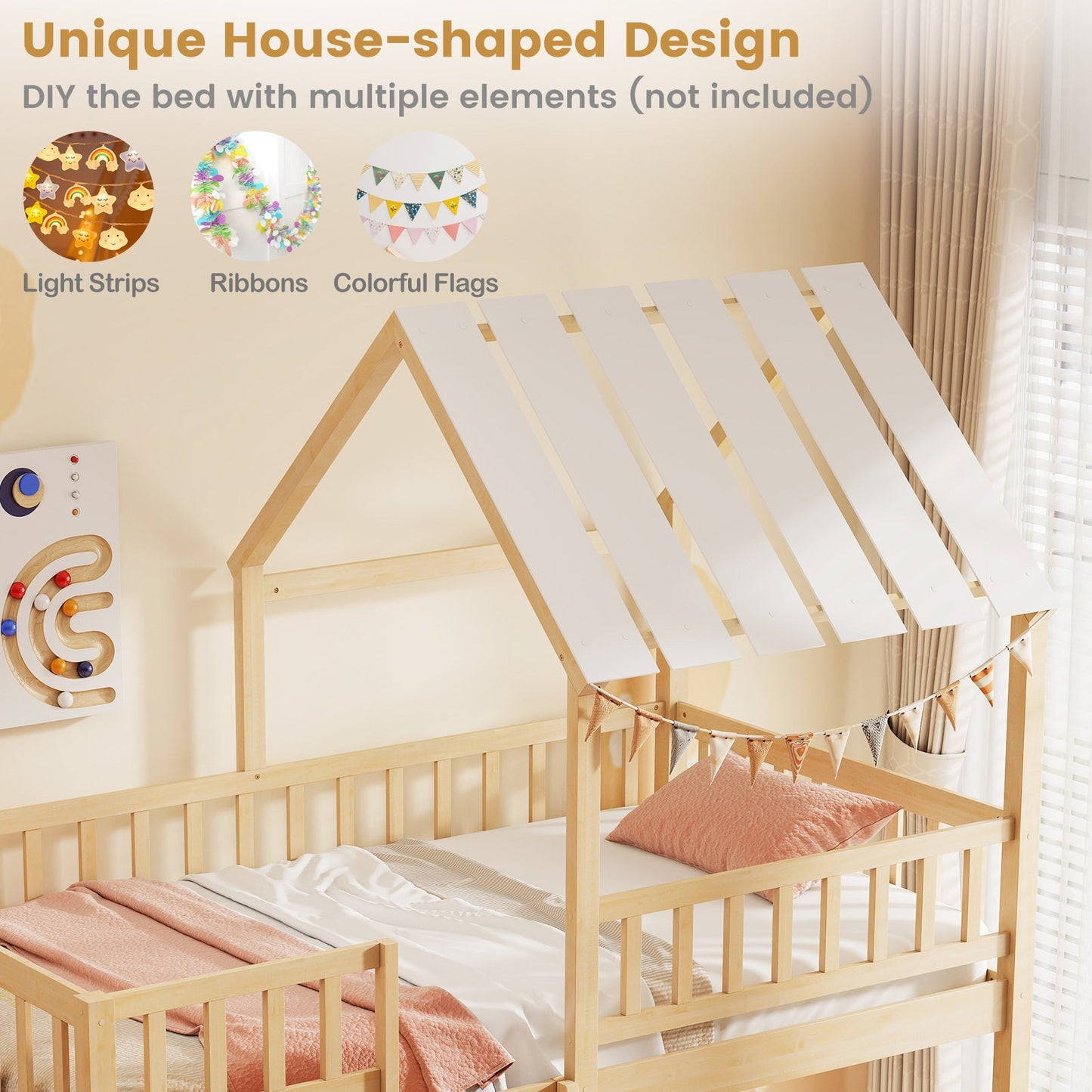 Twin Over Twin House Bunk Bed with Roof and Full-length Guardrails for Kids Teens Boys Girls
