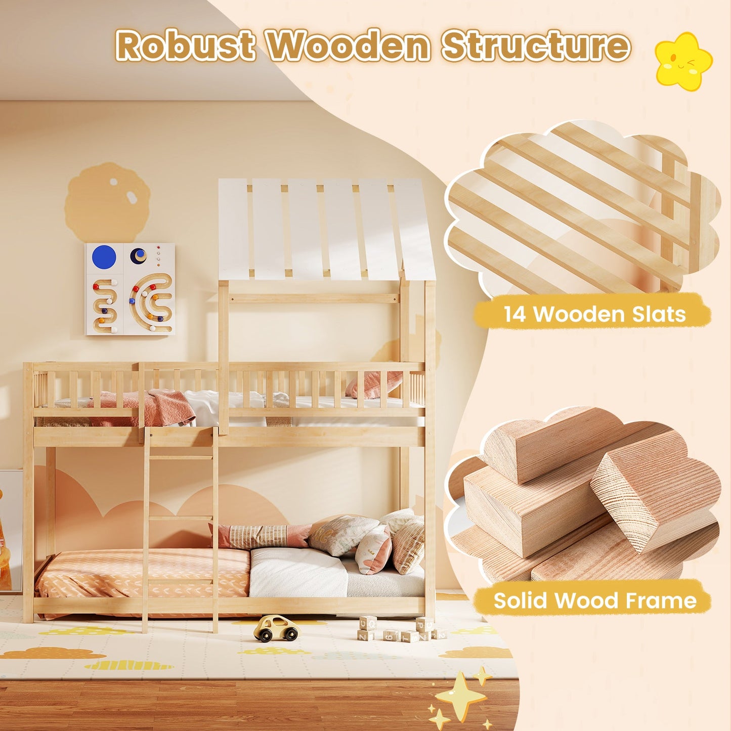 Twin Over Twin House Bunk Bed with Roof and Full-length Guardrails for Kids Teens Boys Girls