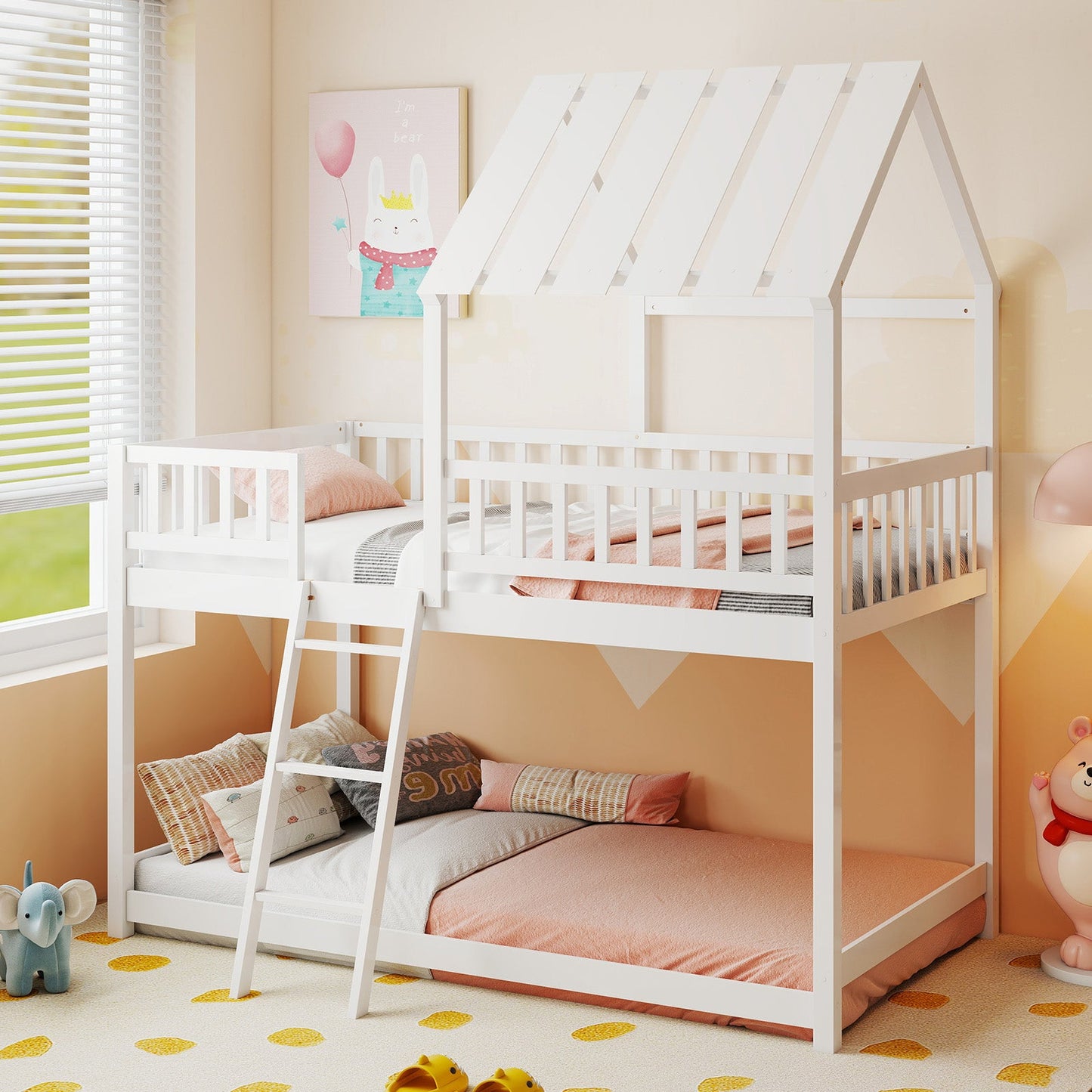Twin Over Twin House Bunk Bed with Roof and Full-length Guardrails for Kids Teens Boys Girls