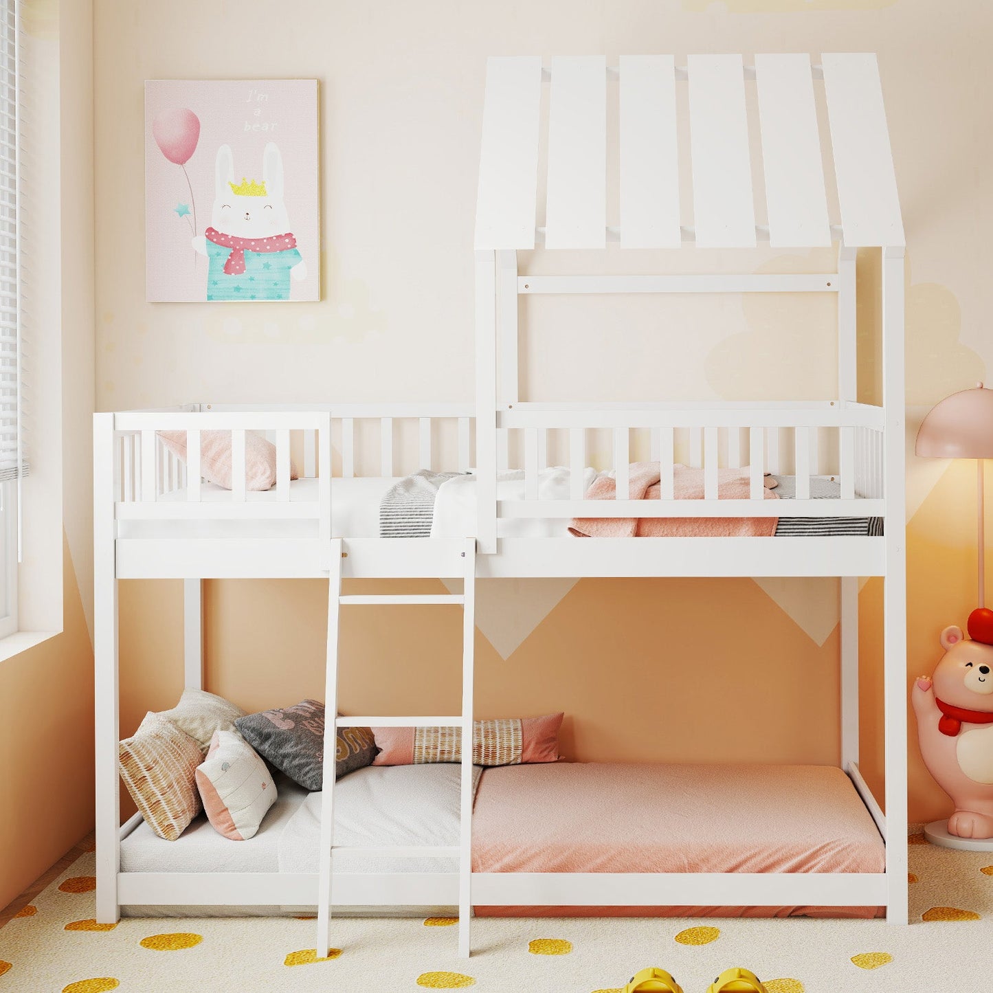 Twin Over Twin House Bunk Bed with Roof and Full-length Guardrails for Kids Teens Boys Girls