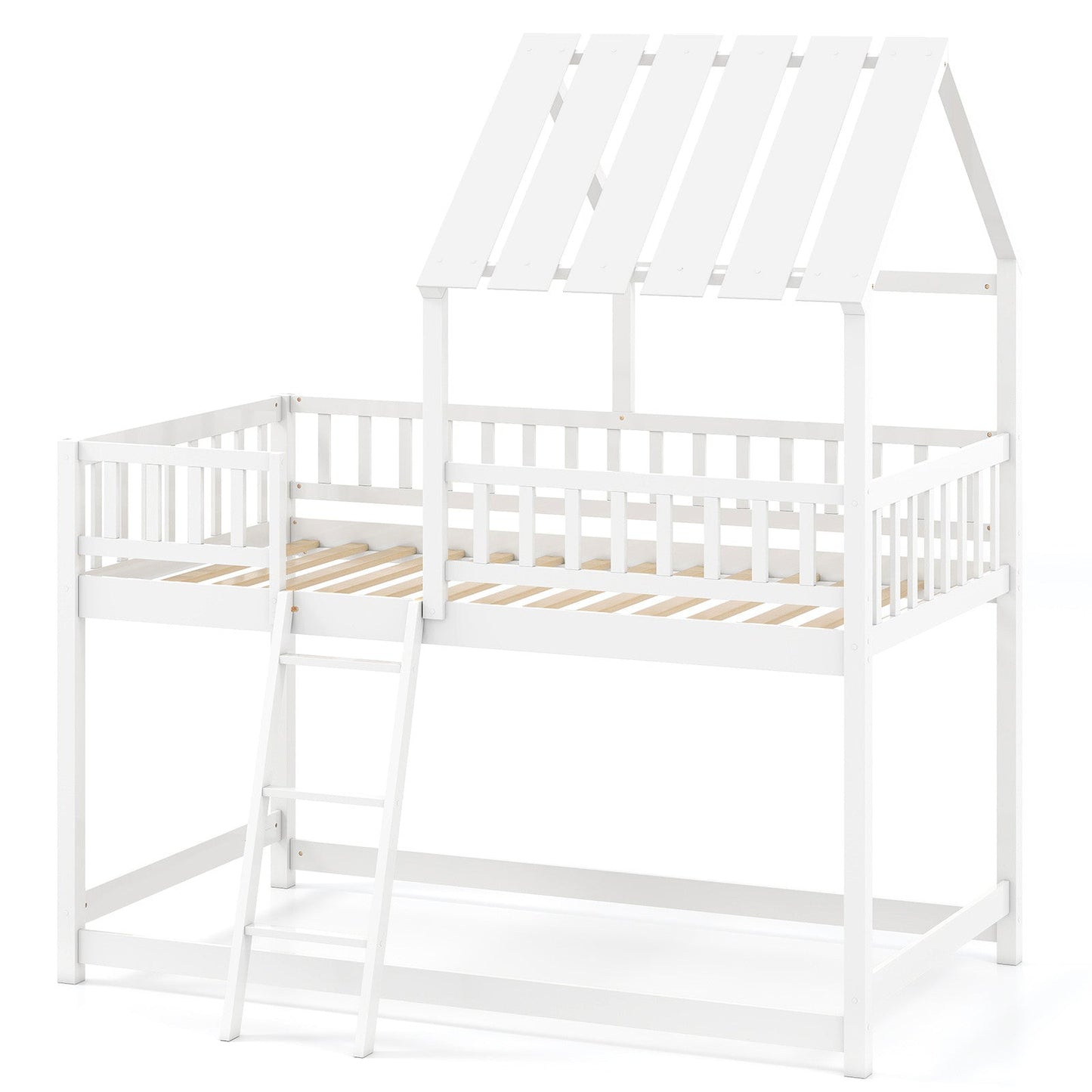 Twin Over Twin House Bunk Bed with Roof and Full-length Guardrails for Kids Teens Boys Girls
