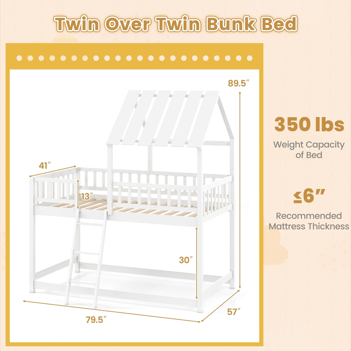 Twin Over Twin House Bunk Bed with Roof and Full-length Guardrails for Kids Teens Boys Girls