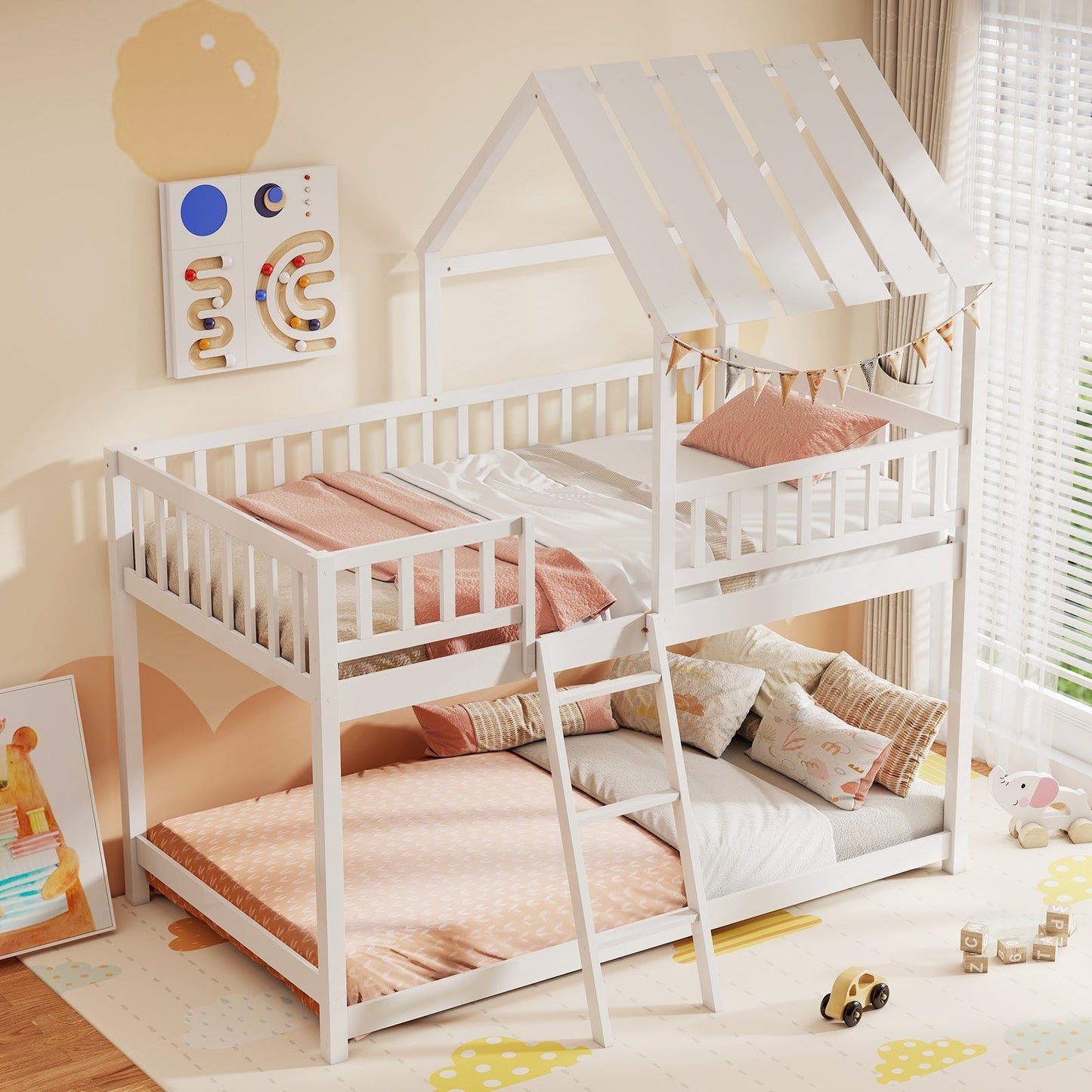 Twin Over Twin House Bunk Bed with Roof and Full-length Guardrails for Kids Teens Boys Girls
