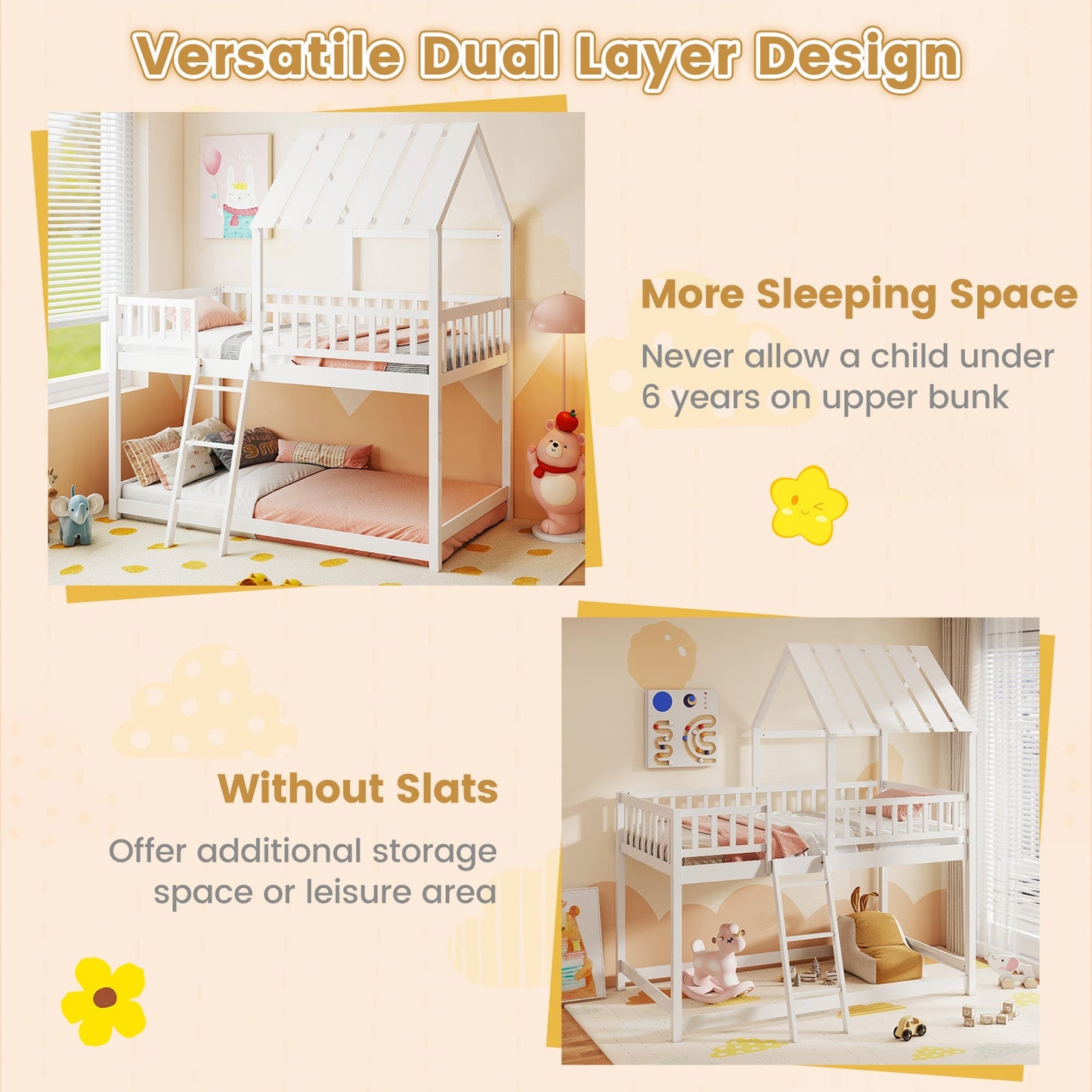Twin Over Twin House Bunk Bed with Roof and Full-length Guardrails for Kids Teens Boys Girls