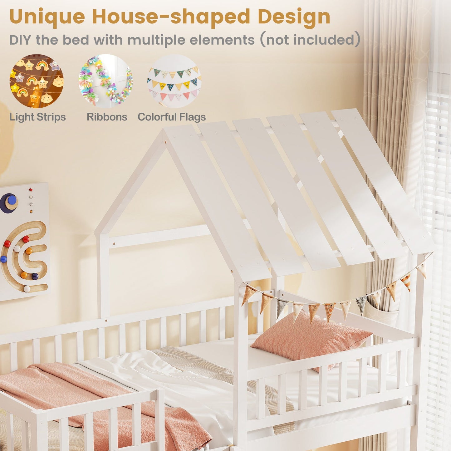 Twin Over Twin House Bunk Bed with Roof and Full-length Guardrails for Kids Teens Boys Girls