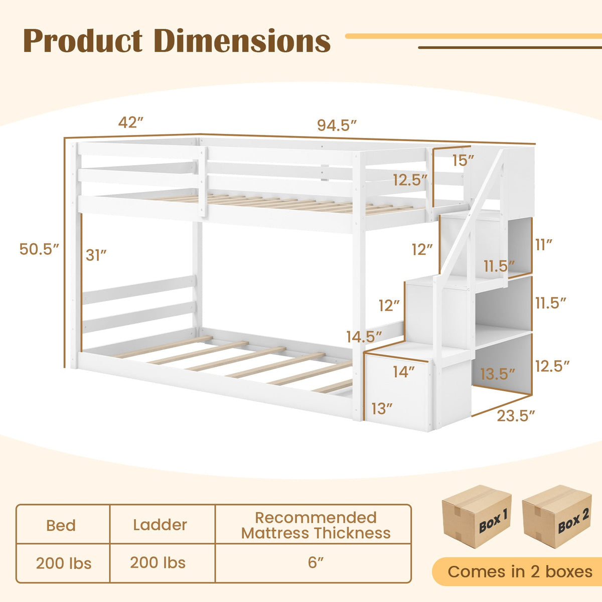 Twin Over Twin Low Bunk Bed with Storage Stairs Solid Wood Floor Bunk Bed Frame